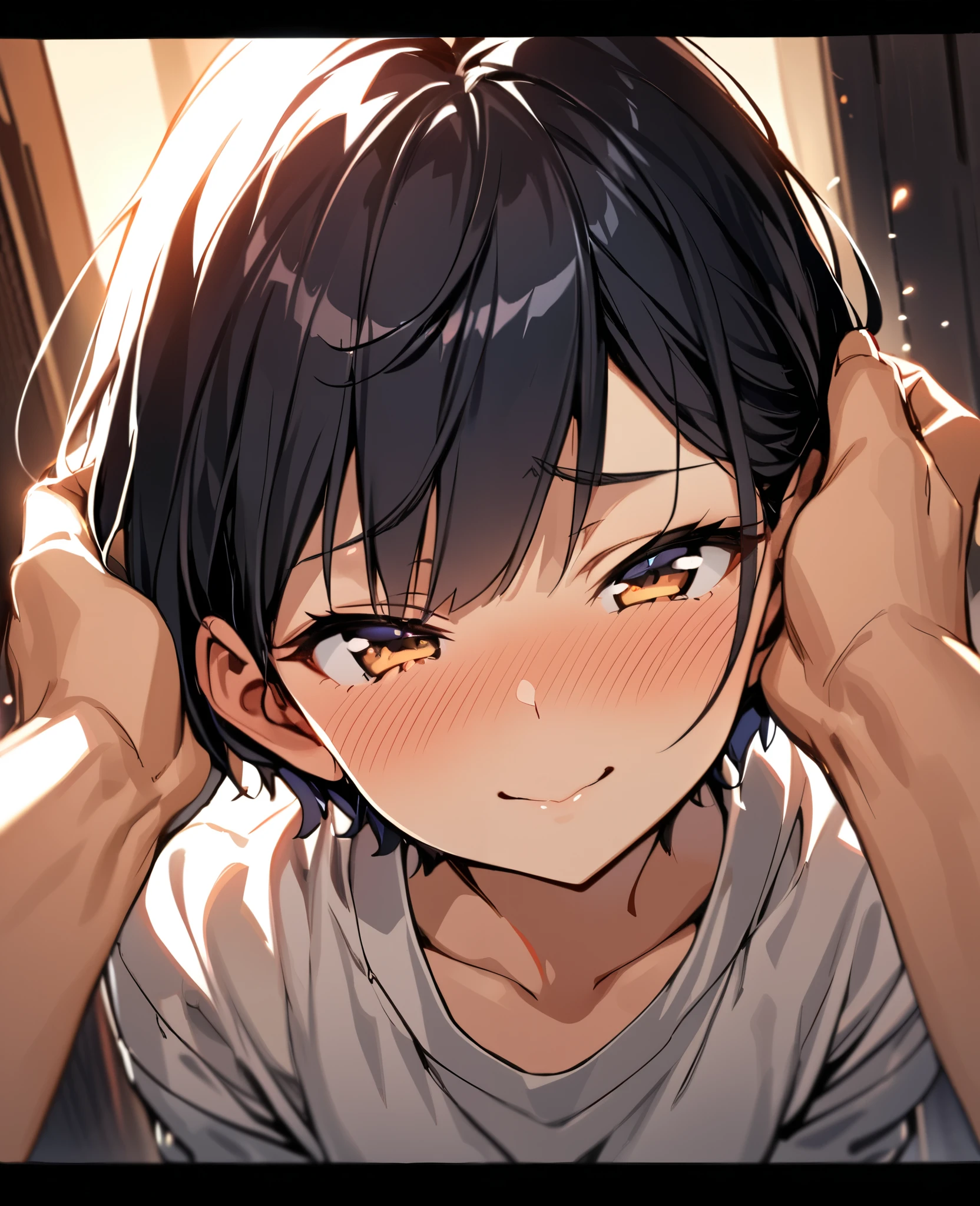 masterpiece, best quality, 1girl, solo, short hair, pixie cut, tomboy, boyish style, POV perspective, first-person view, girl patting viewer's head, gentle touch, caring expression, blushing cheeks, shy smile, avoiding direct eye contact, early 20s, petite figure, oversized shirt, slender arms reaching out, delicate fingers in viewer's hair, intimate moment, soft lighting, close-up shot, emotional connection, mixed feelings of affection and embarrassment, tender gesture, warm atmosphere