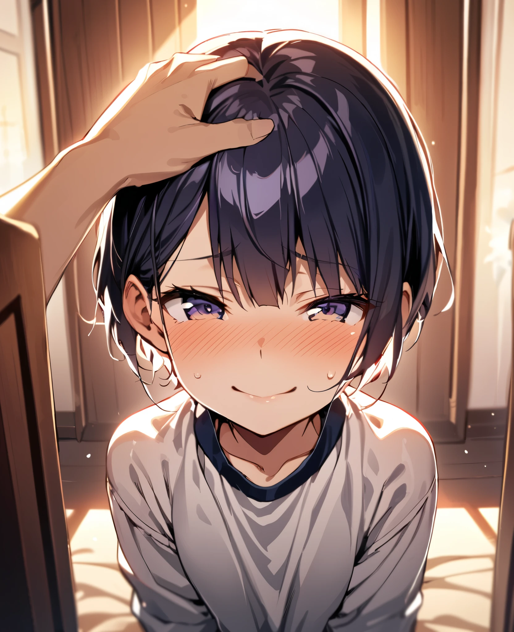 masterpiece, best quality, 1girl, solo, short hair, pixie cut, tomboy, boyish style, POV perspective, first-person view, girl patting viewer's head, gentle touch, caring expression, blushing cheeks, shy smile, avoiding direct eye contact, early 20s, petite figure, oversized shirt, slender arms reaching out, delicate fingers in viewer's hair, intimate moment, soft lighting, close-up shot, emotional connection, mixed feelings of affection and embarrassment, tender gesture, warm atmosphere