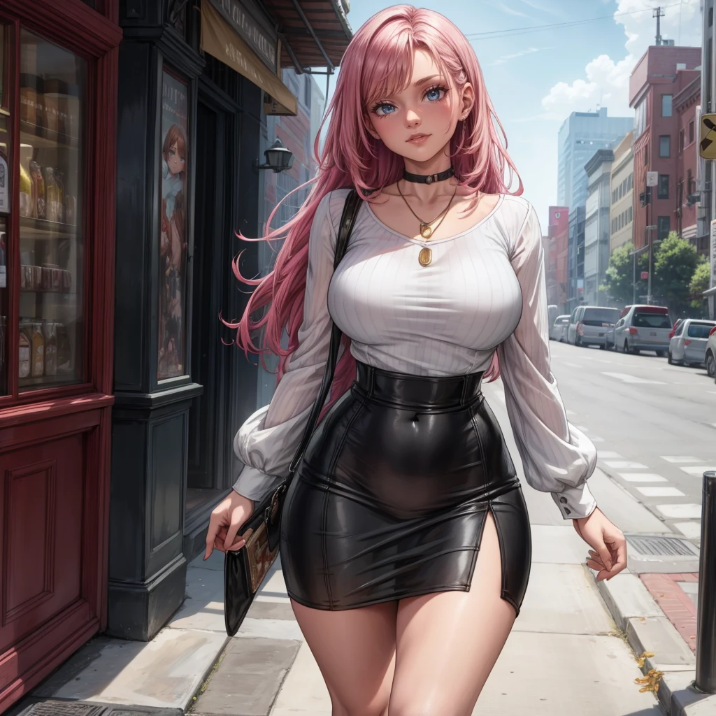 Masterpiece, beautiful art, 8k, art style by sciamano240, very detailed face, detailed hair, detailed clothes, detailed fabric, 1girl, beautiful face, long hair, hot pink hair , model head shot, facing camera, very detailed green eyes, sultry smile, wearing classy fall clothes, white tank top, black dior thigh boots, black pencil skirt, walking , out shopping, necklace, chocker, rosey cheeks, sunny fall setting, full body view, photorealistic, indirect lighting, volumetric light, ray tracing, hyper-detailed, best quality, ultra-high resolution, HDR, (8k, Best Quality, Masterpiece:1.2), Ultra Detail, RAW Photo, Super Resolution, Professional Photo, Extremely Detailed and Beautiful, lot of drool, sweat, belly inflation