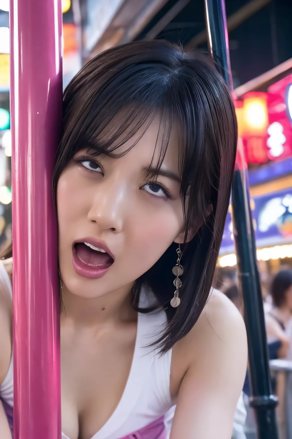 nsfw, beautiful asian woman raping a man in the street, crowded street, deranged woman, half-clothed, (best quality,4k,8k,highres,masterpiece:1.2),ultra-detailed,(realistic,photorealistic,photo-realistic:1.37),extremely detailed eyes and face,longeyelashes,lifelike skin,intricate details,highly detailed facial features,extreme realism, A woman pushing a man down, a woman exposing her wet pussy, saliva dripping from her mouth,
