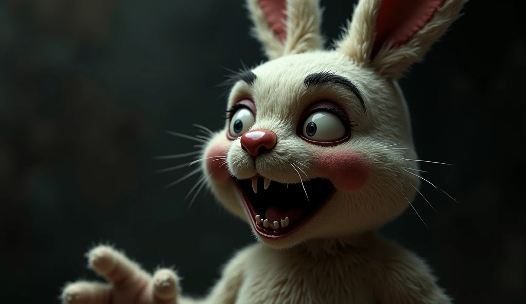 horror movie rabbit, pointy teeth and bloodstains on the fur, scary face full of hate