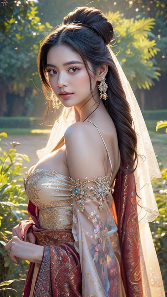 Masterpiece, extremely beautiful girl, hair shimmering under the bright sunlight, detailed face, focus close to the face, light pink lip gloss, thin silk shirt embroidered with diverse and colorful patterns , wearing gold, silver and emerald jewelry, ultra-thin white silk underwear, close-up photo of the girl's entire body;
Non-NSFW, 8K, super CG, HD image quality, super sharp, super beautiful graphics, professional, detailed, vibrant colors, super smooth, advanced techniques, true RAW, resolution High.
The light is intricately colored, using black and gold rays;
The sunlight sparkled, illuminating the girl's body, making her hair shine;
The background has beautiful flowers and leaves, elegant and pure;
colorful, visually appealing film art;