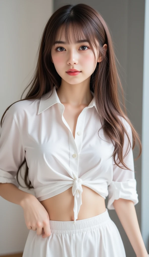 (The upper body is a uniform shirt:1.5, and the lower body is only panties:1.5),shyly, from outside, Lens 135mm f1.8,(Best Quality),(masutepiece:1.1), (Beautiful 14 year old girl),japanaese girl, Cute face, ((flat chest)), (Small breasts), (Chiseled face:0.7), (hitornfreckles:0.6), Cute lips, Dappled sunlight, Dramatic Lighting, (in a school), ((photo from the waist up:1.2))、Are standing、The body is facing the viewer、thighs、Photo from thighs up、 (((White) short-sleeved shirt:1.1))、Navel exposed、Thigh out, no_NSFW, ((Staring at the viewer)),cute panties, (skirts are ephemeral:1.5, underwear is worn only panties:1.5),