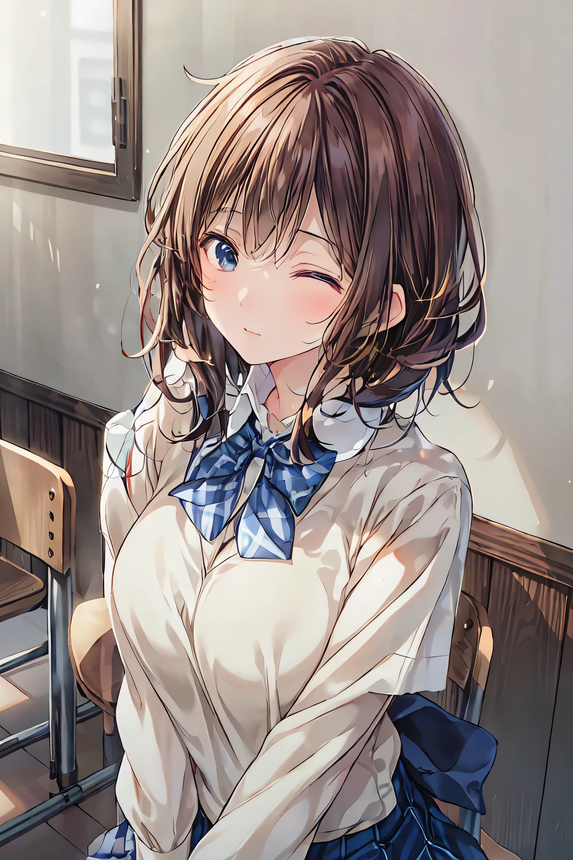 best quality,masterpiece, anime style,Perfect Anatomy,alone,skirt,jacket, socks, shoes, brown footwear , , plaid ,Sneakers, blazer, brown hair, plaid skirt, black knee-length socks, Long Sleeve, Bans, Open your clothes, open Jacket, bow, brown eyes, Skirt, bow ties, , hair length above the buttocks , what is a full body esbian ,Knee Height, shirt, Close Your Mouth, Sleeves that go past the wrist, place your hand on your face,赤いbow ties,black Jacket,,Brown skirt,((( chair :1.2, Japanese cute female college student sleeping on her face :1.5, place your hands on your cheeks :1.2,nap,close eyes,Hitting her cheek , look to the side ))),collared shirt,Mini skirt,white shirt,Cardigan,light smile,Long Hit, ( low angle), ( top down),realistic scale,significant shrinkage :1.5, vibrant,Very Detailed, realistic, superrealistic,realistic rendering,(((SCHOOL CLASSROOM,A classroom with rows of desks))), Professional Photographer