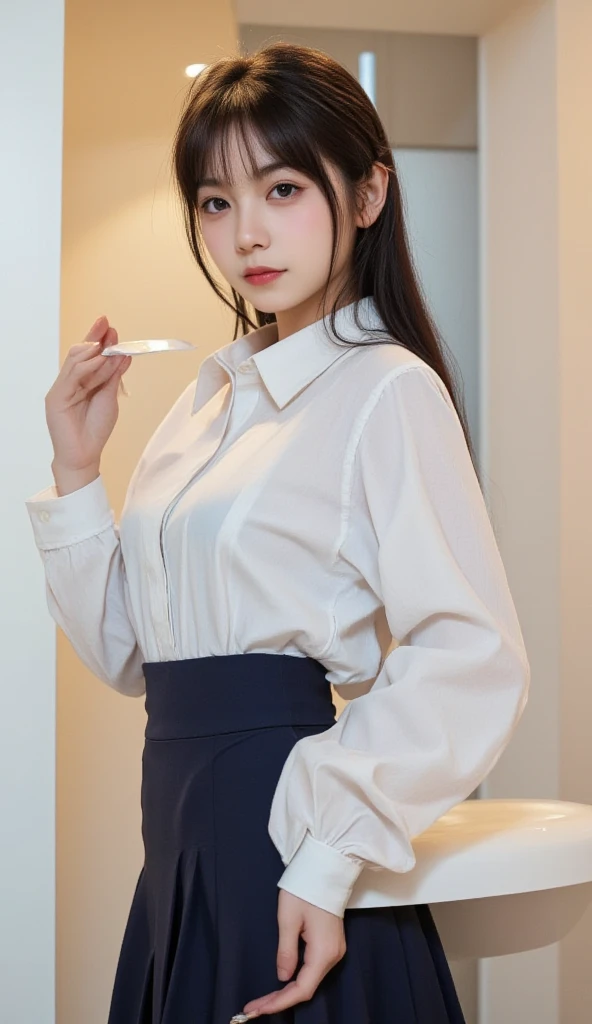 (8k, Photorealistic, Raw photo, Highest quality: 1.4),Japanese idol-style beautiful girl,1 person,17 years old,Hairstyle(Short Bob,Black :1.4),She has her hair tucked behind her ears,Large, clear grey eyes,Long eyelashes,Plump Cheeks,Thin and delicate shoulders,(bra(Pink)Wearing),thin abdomen,(She is wearing a plain white short-sleeved blouse),(All the buttons on her blouse are undone :1.9),(The bottom of the blouse is outside the skirt :1.8),(In the middle of changing),(Pleated skirt(Plaid)Wearing),Blackの靴下を履いている,School classroom,(On the desk with knees bent and legs wide open :1.6),(Angle from below),Full body portrait