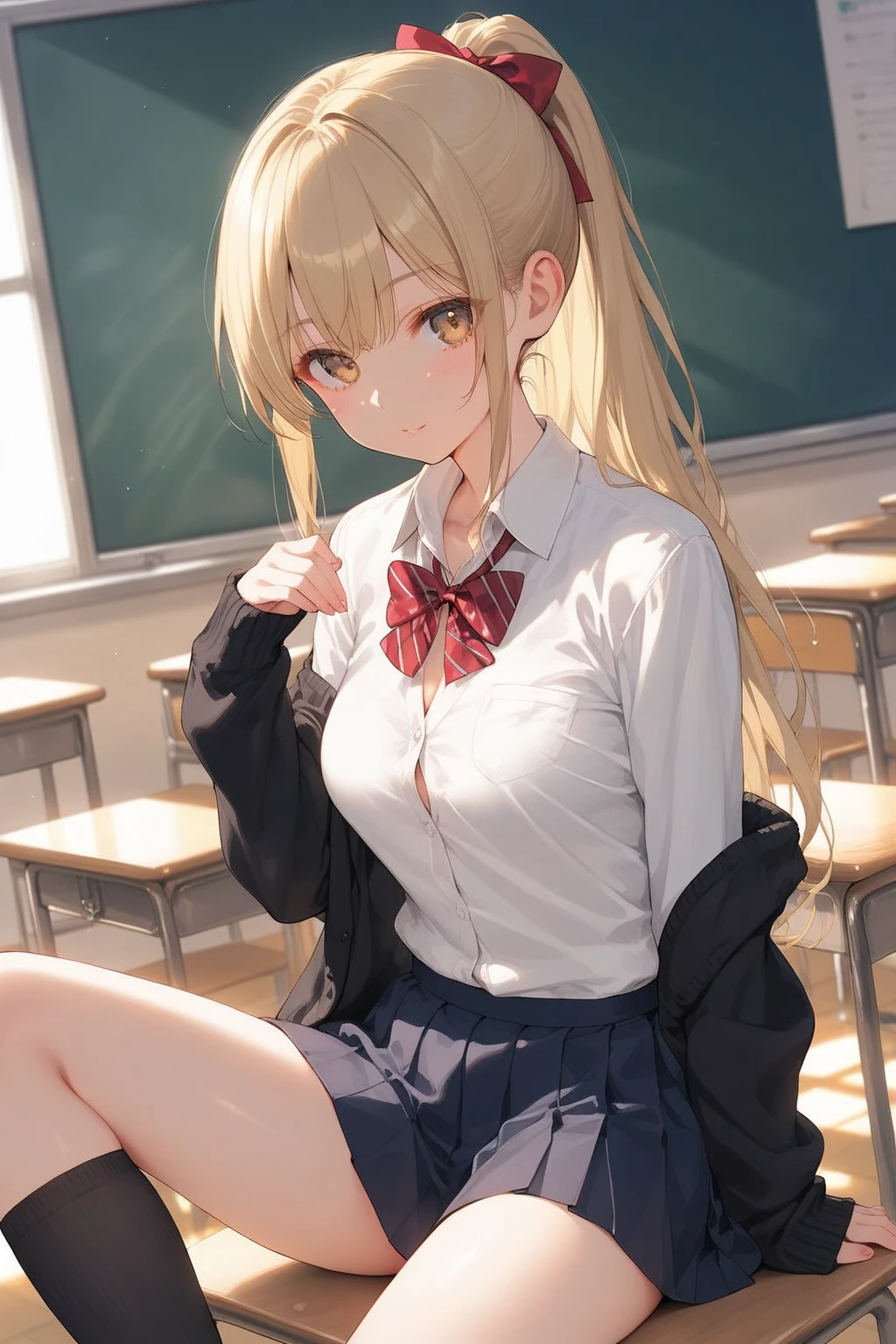 Blond girl, In class, Sitting on desk, With a bow on her hear.
