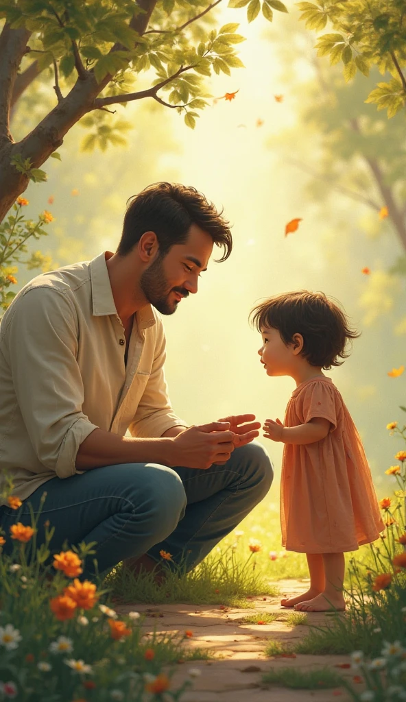 father and daughter, father, 5 year old girl, (sitting and hugging each other), under a tree, (with her back to the horizon), horizon, sunset in the background, clouds, birds, happy, perfect quality, clear focus , (masterpiece: 1.2) (realistic: 1.2) (bokeh) (best quality) (detailed skin: 1.3) (intricate details) (8K) (detail eyes) (sharp focus), (happy) --auto