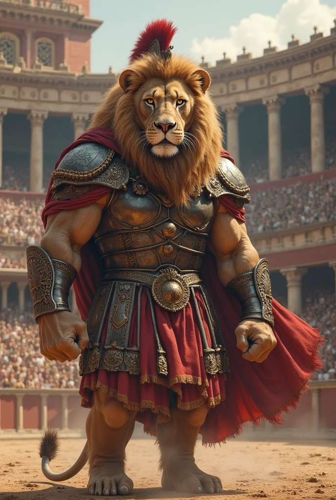 Medieval warrior with lion body with coliseum behind