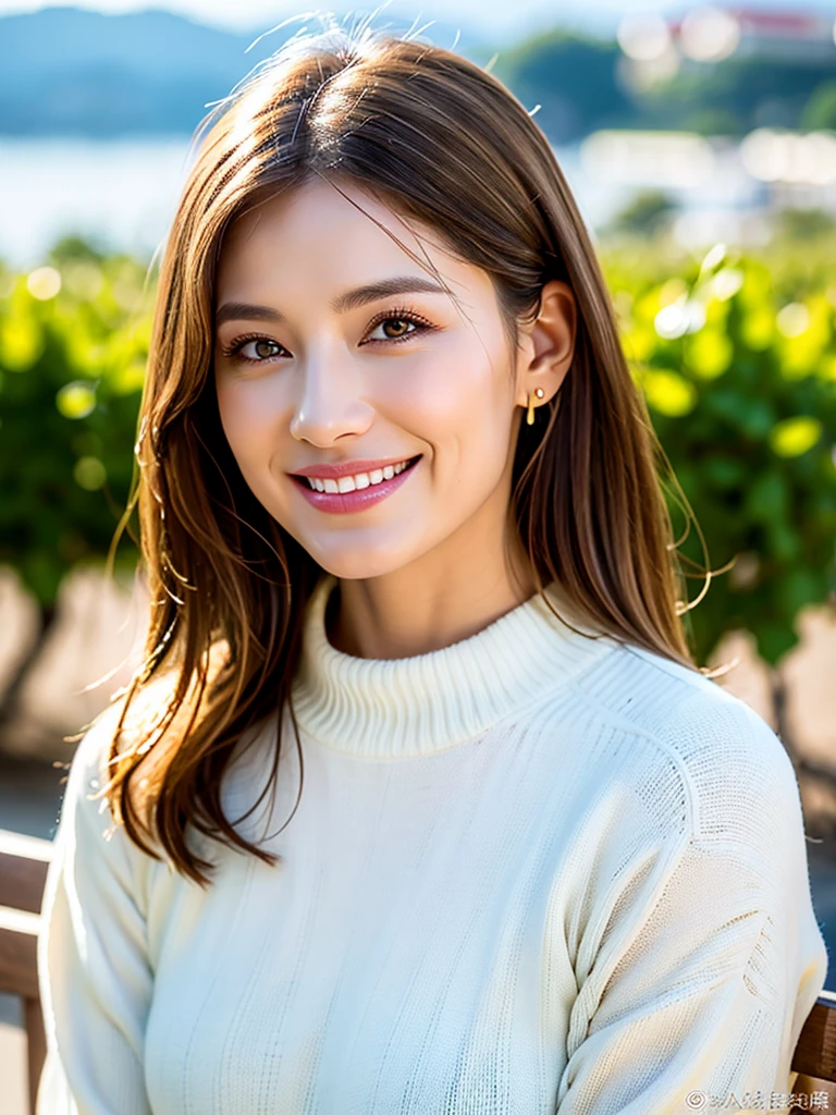 Highest quality, masterpiece, (Realistic:1.2), (uetoaya), smile, Backlight, Silhouette Lighting, Shirt lift, Tomboy, Brown long hair, Hair on one eye, front, Detailed face, Beautiful Eyes, Oily skin, Sweat a lot, Fitted, bikini, Underbust, Santorini, Greece