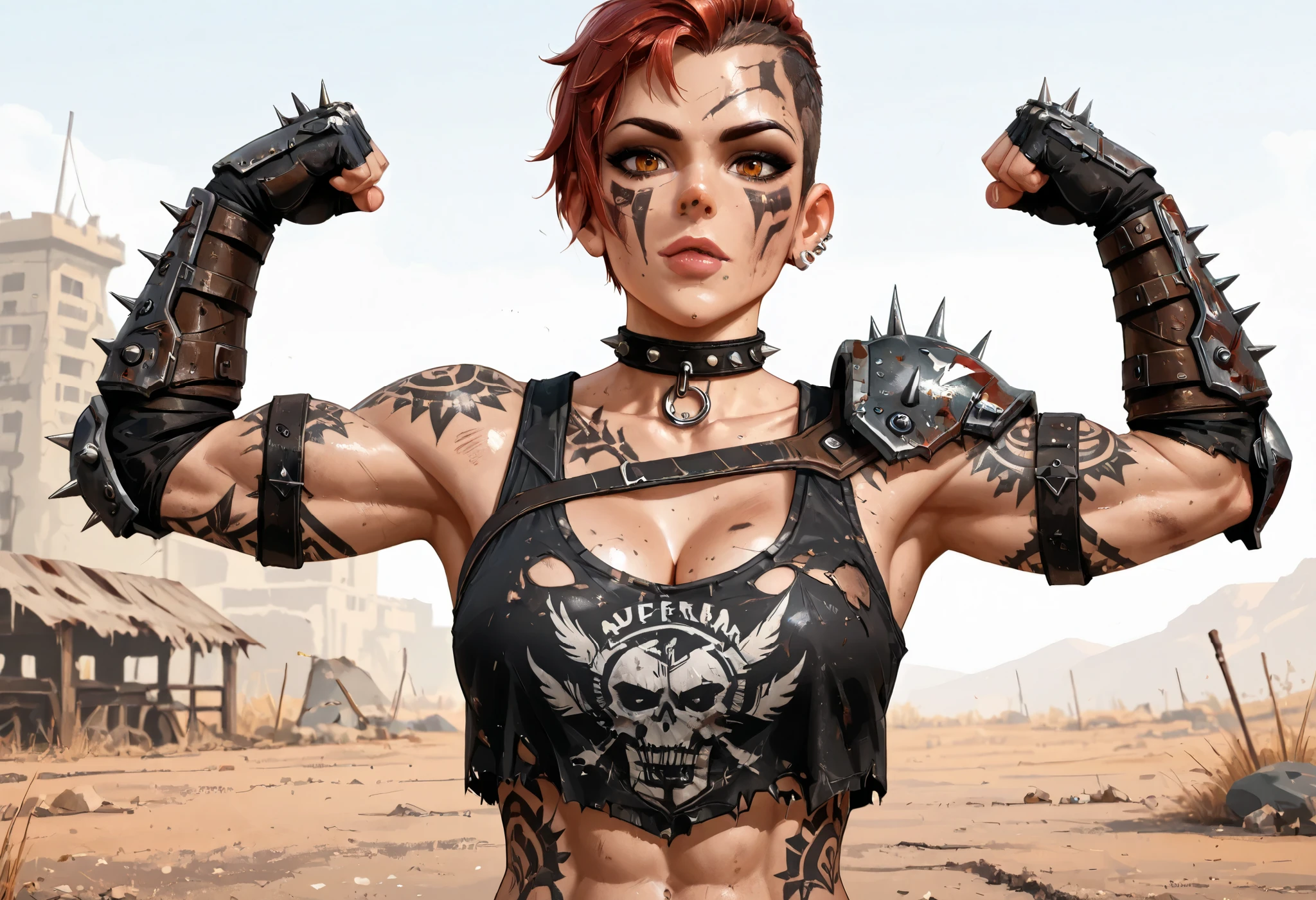 ((whole body)), master part, best quality , latina girl, super detail beautiful woman, whole body, redhead Asymmetric Undercut Haircut hair, redhead latina punk girl, post-apocalyptic world, torn and dirty clothes, Asymmetric Undercut Haircut, sides of shaved head, Clean face with dark make-up, black tribal tattoos on body, raider outfit from fallout, raider latina girl, piercing, face paint, makeup, shirt, midriff, spiked choker collar, armor, collarbone, gauntlets, bare shoulders, single pauldron, (underboob:0.72), standing, cleavage, looking at viewer, flexing, from below, outdoors, wasteland, Toned raider girl, amber eyes, raider attire, raider latina girl from fallout, dark make-up, black tribal tattoos