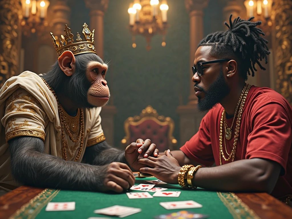 Raw photo, although gorillas play PlayStation, wearing huge gold chains, Poker table, Gorilla on the left wearing sunglasses, Gorilla on the right wearing a cap, very detailed hair, hyperrealism, difficult, masterpiece, 8 k, spicy, high detail, Beer on the table, Casino in the background, neon lights, tobacco, soft light,