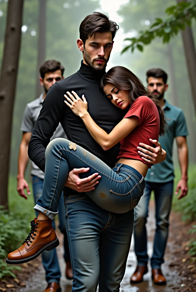 A couple of lovers on a footpath in the forest, a light blond shorthaired man, a lascivious muslim girl, kissing making out, fingering each other, a muslim girl in a shiny black vinyl coat, a shirtless short-haired light blond man, they press against each other, they kiss passionately, they rub their bodies together, they make out , he pulls her to him, she presses against his body, her black vinyl coat shines in the sunshine, she embraces his bare upper body, they lie in each other's arms, love, affection, kissing, erotic