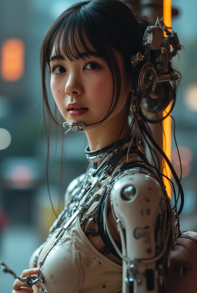Top Quality, Masterpiece, Ultra High Resolution, (Photorealistic: 1.4), Raw Photo, 1 cyberpunk Girl, Black Hair, Glossy Skin, 1 Mechanical Girl, (Ultra Realistic Detail)), Full body, Global Illumination, Contrast, Shadows, Octane Rendering, 8K, Ultra Sharp, Cleavage Exposed, Raw Skin, Metal, Intricate Ornament Details, Japan Details, Very intricate details, realistic light, CGSoation trend, facing the camera, neon details, mechanical limbs, blood vessels connected to the tube, mechanical vertebrae attached to the back, mechanical cervical attachment to the neck, wires and cables connecting to the head, gundam, small LED lamps.
