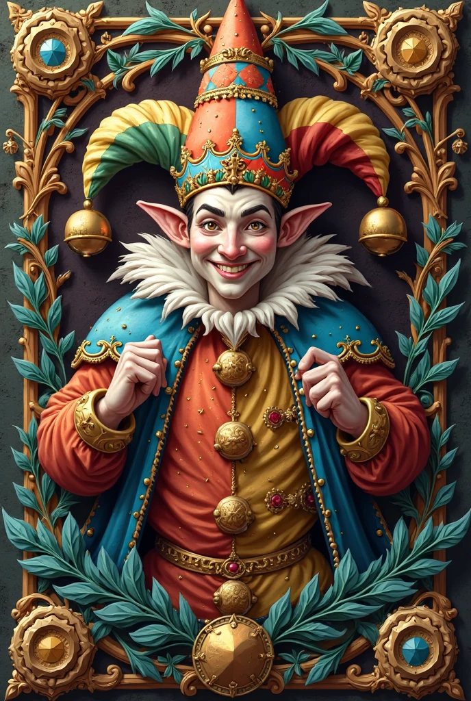 Detailed digital portrait of a Victorian jester with magical pranks at a Snow-covered village near icy peaks, <lora:xl_more_art-full_v1:0.5>, <lora:The_Crazy_Style:0.7>