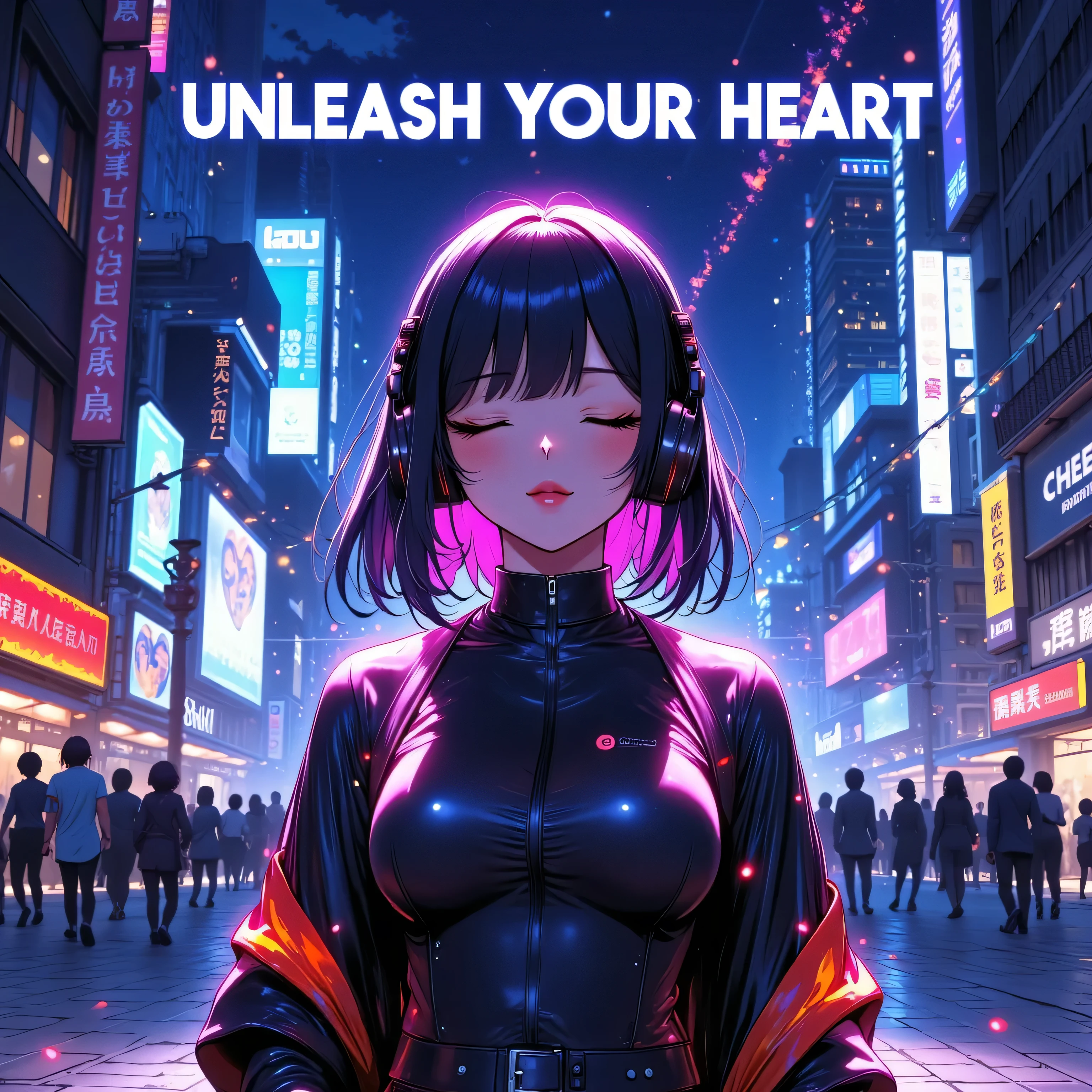 A high-detail anime-style illustration of a young female musician standing in an open plaza, eyes closed, feeling the rhythm of her heartbeat. Her headphones glow subtly as colorful waves of energy pulse outward, symbolizing the song’s theme of embracing one’s own beat. The background features a lively city scene with people enjoying the moment, adding to the feeling of connection and shared energy. The scene is illuminated with bright, vibrant colors, creating an uplifting and energetic atmosphere. The title 'Unleash Your Heart' is placed at the top in stylish, bold font. Realistic lighting and modern aesthetics ensure it stands out in thumbnails.