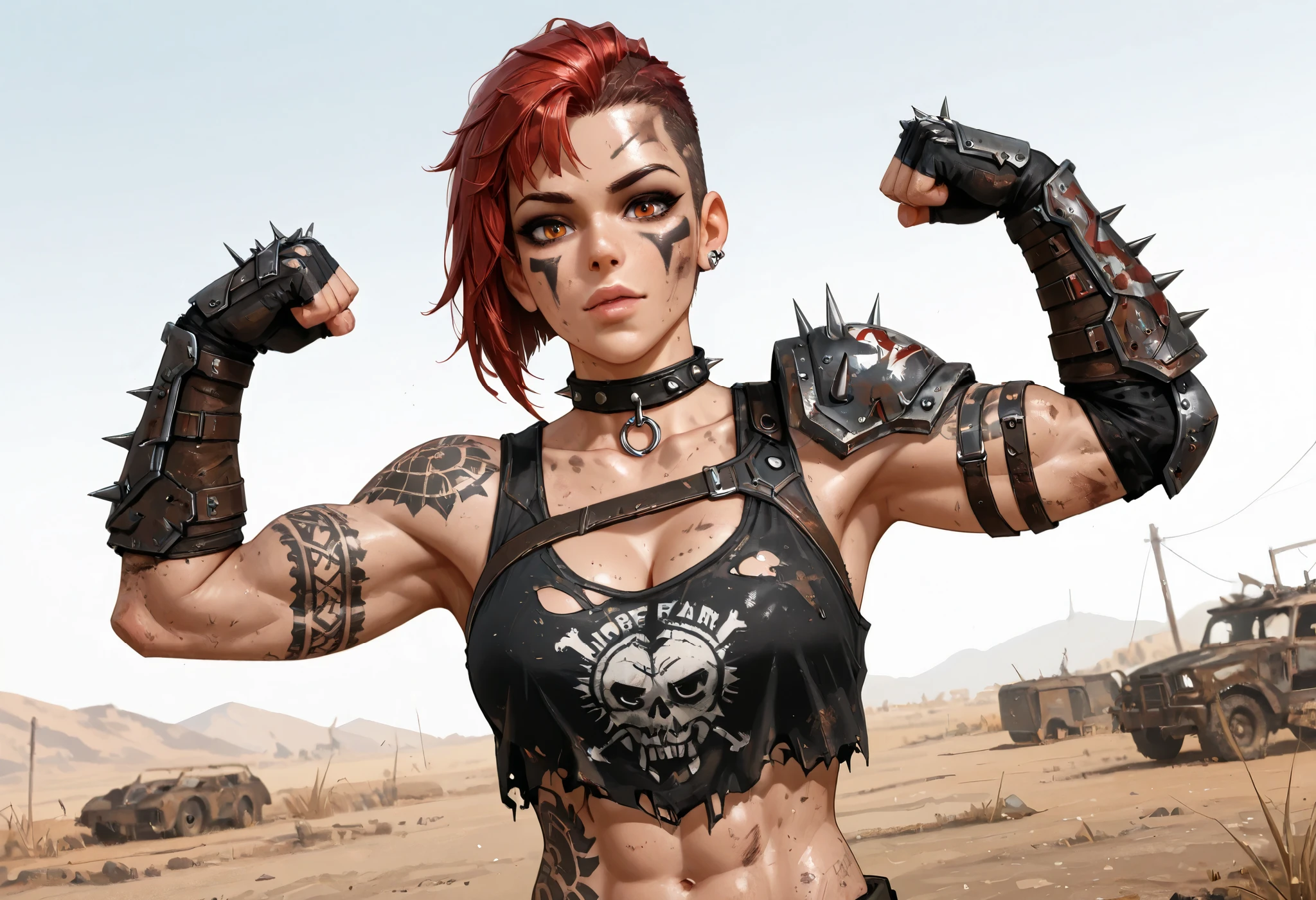((whole body)), master part, best quality , latina girl, super detail beautiful woman, whole body, redhead Asymmetric Undercut Haircut hair, redhead latina punk girl, post-apocalyptic world, torn and dirty clothes, Asymmetric Undercut Haircut, sides of shaved head, Clean face with dark make-up, black tribal tattoos on body, raider outfit from fallout, raider latina girl, piercing, face paint, makeup, shirt, midriff, spiked choker collar, armor, collarbone, gauntlets, bare shoulders, single pauldron, (underboob:0.72), standing, cleavage, looking at viewer, flexing, from below, outdoors, wasteland, Toned raider girl, amber eyes, raider attire, raider latina girl from fallout, dark make-up, black tribal tattoos