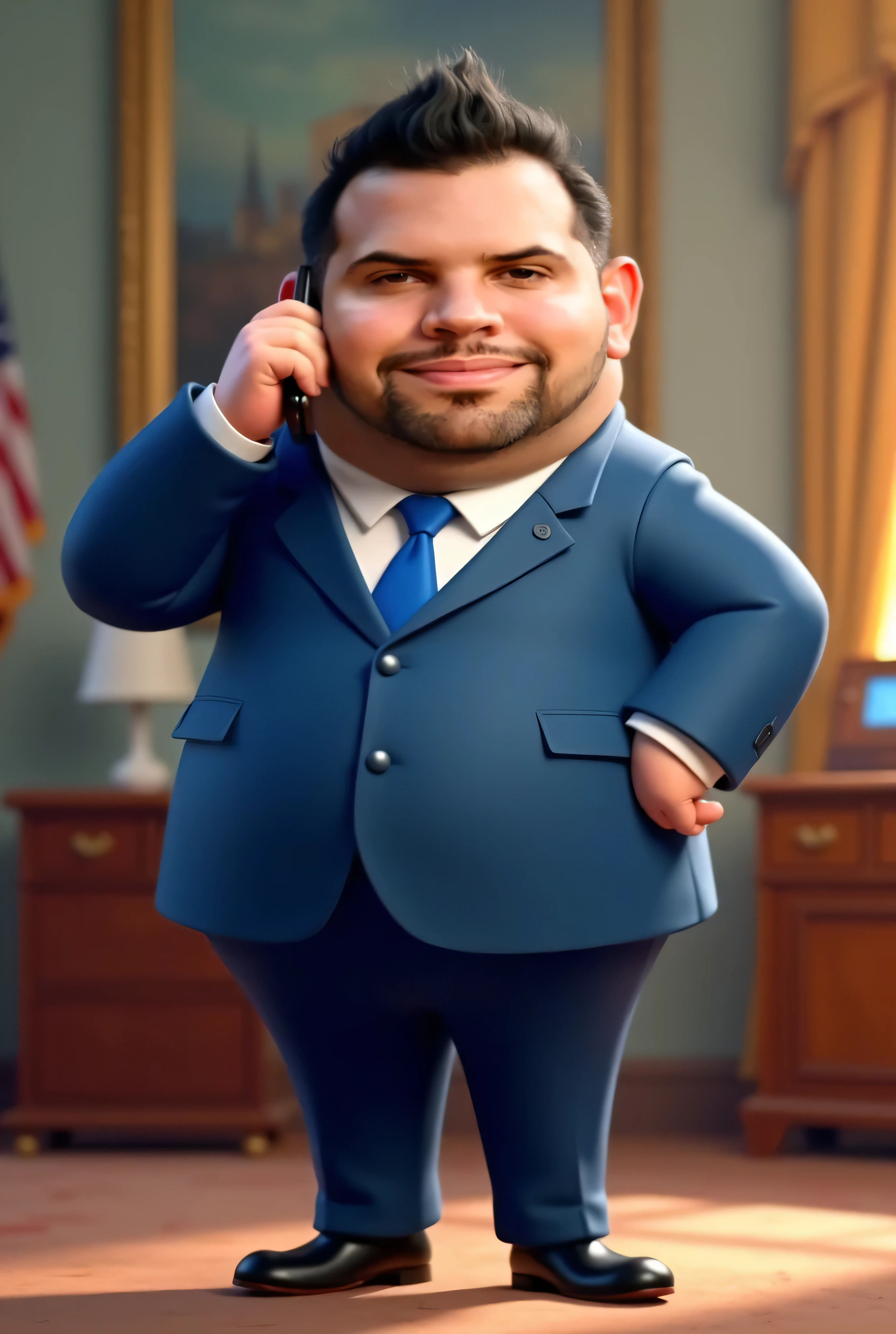 Arafed man in a blue suit talking on a cell phone - SeaArt AI