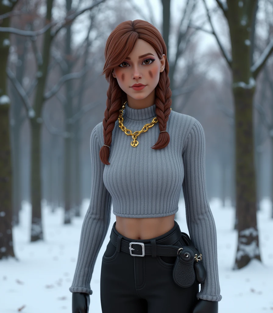 fn4ura, A girl in a snowy forest, Looking at the viewer fat breasts , nipples can be seen through the shirt,
