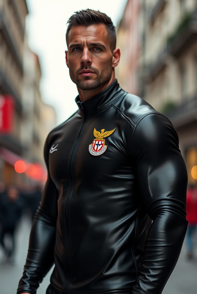 a handsome man in an open racing suit, holding a helmet, with black hair, muscular body,open shirt,shown abs,bigboobs, ferrari and red bull logo on his clothes, f1 racing, outdoor scene, (best quality,4k,8k,highres,masterpiece:1.2),ultra-detailed,(realistic,photorealistic,photo-realistic:1.37),cinematic lighting,vivid colors,concept art