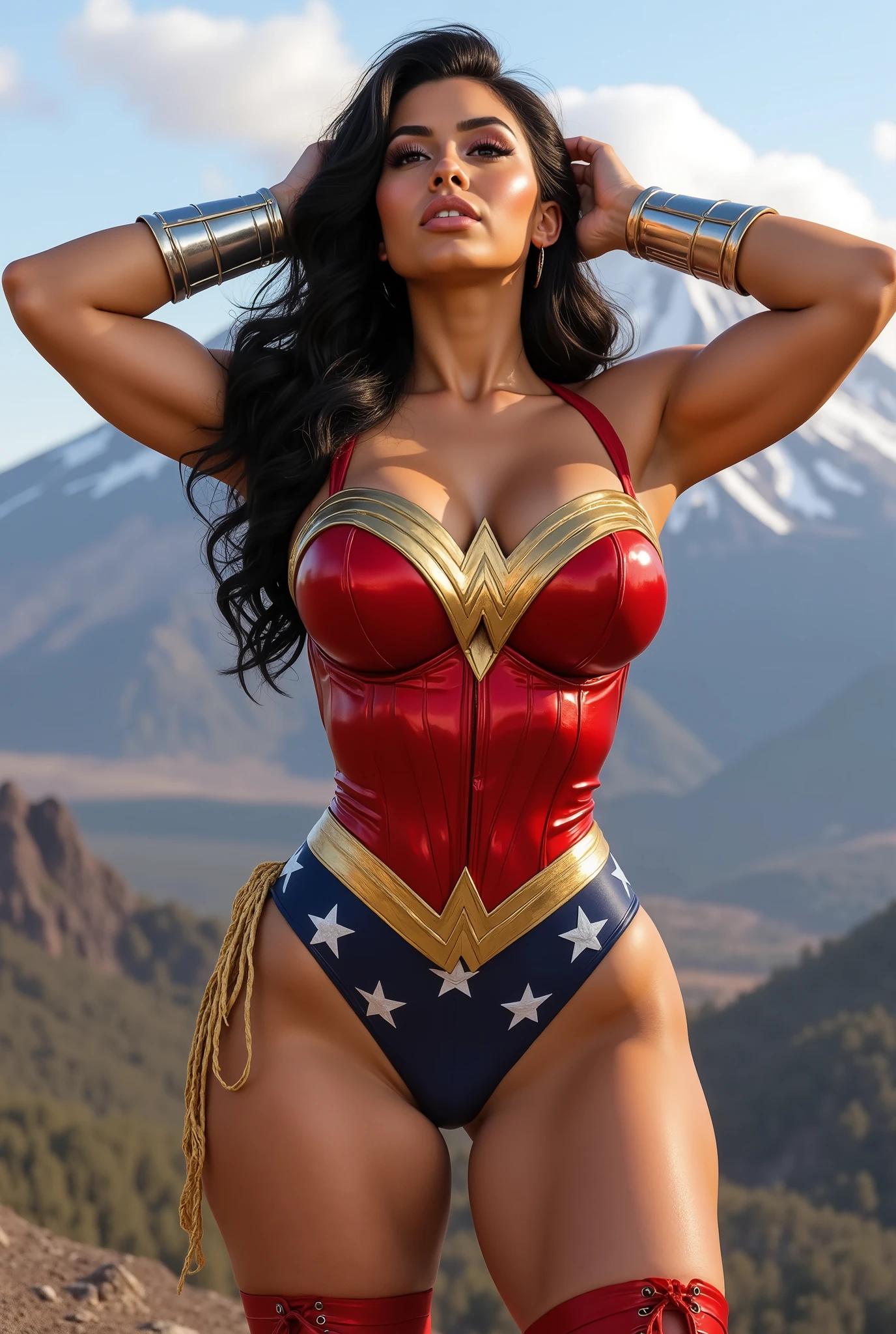 Masterpiece hyper-realistic image, Large breasts 48GG, enlarged silicone breasts. Breasts are lifted by a push-up bra. Create an image of Francesca James, a porn star dressed in a glossy spandex Wonder Woman costume. The costume looks like it's glued to her body. With lace-up high heel booties, 24 inches at the waist, 28 inches at the hips, Show off her full figure from head to toe with a hyper-realistic level of detail. Holding her hands behind her head, aroused, head slightly tilted backwards. Her underwear is a bikini, navy royal blue with bright white stars on the front and back, mountains, snow, volcano erupting in the back. The face has a hyper-realistic level of detail. Bright red corset with bright yellow/Gold Wonder Woman logo on the chest, designed as armor. charcoal black hair. Draw her hot face and sexy pose. Her waist is less than 10% body fat.
