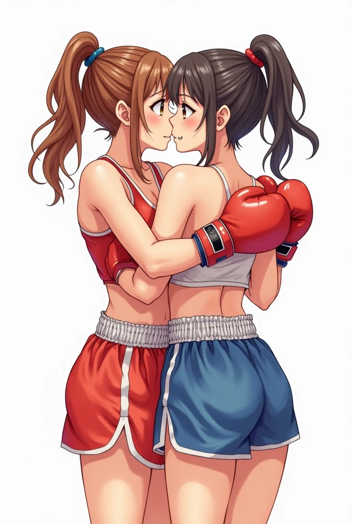 Masterpiece, sksrin, beautiful , from behind, looking back,facial details, 8k wallpaper, Rin Hoshizora Love Live, short hair, white gym bra, shorts , wrestling outfit,(lipstick:0.8), (face paint:1.2),wink, moist skin,thin waist ,short girl, skindentation , tongue out, open mouth , wet tongue, smile , hug, 2girls ,yuri