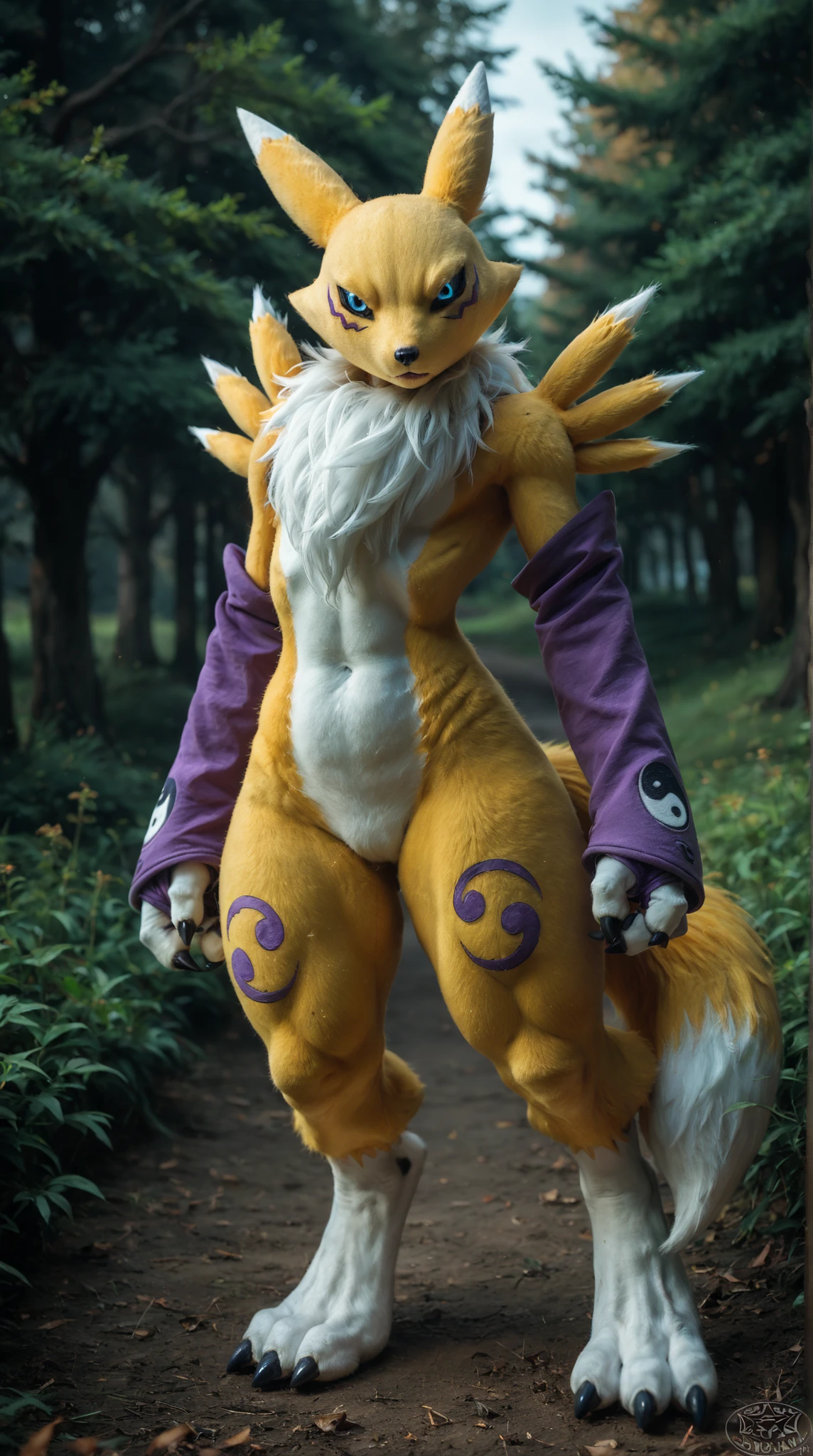 score_9, score_8_up, score_7_up, score_6_up, score_5_up, score_4_up, source_furry, bandai namco, digimon, canid, canine, digimon \(species\), mammal, canonrena, renamon, ambiguous gender, anthro, armwear, armwear only, black nose, black sclera, blue eyes, bridal gauntlets, bridal gauntlets only, claws, clothing, dipstick tail, facial markings, featureless crotch, flat chested, fur, head markings, looking at viewer, markings, mostly nude, mostly nude ambiguous, mostly nude anthro, multicolored body, multicolored fur, multicolored tail, navel, purple markings, outside, field, forest, park, path, detailed background, standing, small waist, solo, tail, tail markings, thick thighs, tuft, two tone body, two tone fur, two tone tail, white body, white fur, white tail, wide hips, yellow body, yellow fur, yellow tail, yin yang, (3 fingers:1.2), toe claws, black claws, big feet, pose, action pose,