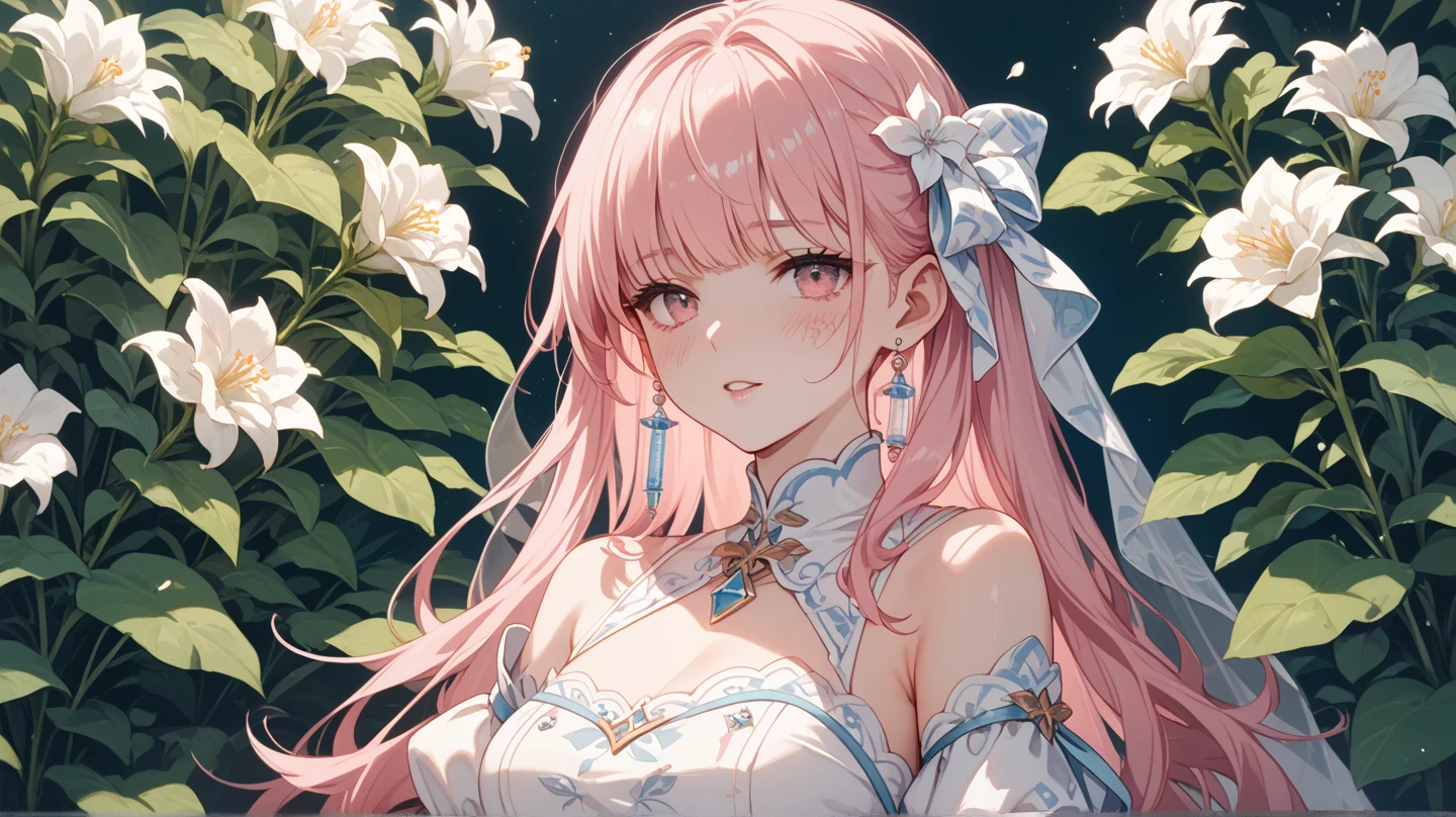 Obra-prima 8K superlativa, mulher anime, Retrato realista do vento frio, Sister, mulher de cabelo longo branco prateado, cabelos longos, light pink lips, franja calma e racional, pupilas cinzentas, fundo da flor, petals dancing, rosto delicado