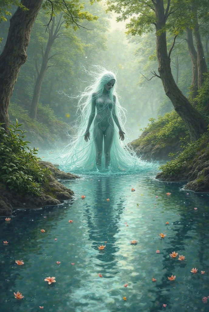 Thin adult woman standing in a swamp her legs are spread apart, very long white hair that goes down to the water, the swamp water is dirty and goes halfway up the woman's shins, she is very sexy, has big breasts and very large nipples, she is naked with only a few jewels and adorn her body, in the background we see a dark forest, there are giant trees and megalithic ruins, a destroyed stone staircase, there is a lot of fog, the woman is wet., ((best quality)), ((masterpiece)), (high-resolution:1.2)