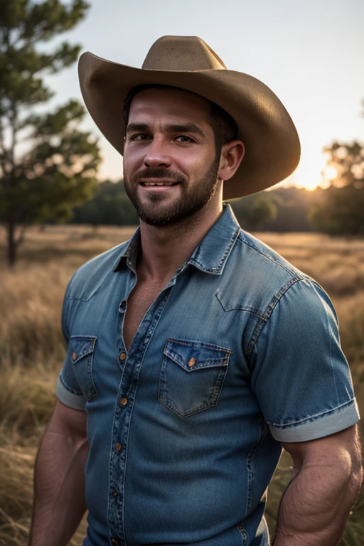 An award-winning original photo，A wild muscular man, (30 years old daddy:1.1), 1boy, Solo, (blue T jeans, open plaid shirt), (cowboy hat) (big shoulders), muscular, short hair, stubbles, Short beard, Beautiful eyes:1.3, ), (Detailed face:1.3), smiles, Dynamic Angle, volumetric lighting, (Best quality, A high resolution, Photorealistic), Cinematic lighting, Masterpiece, RAW photo, Intricate details, hdr, depth of field, paddyfield in the background, from above, golden sunshine penis grosso
