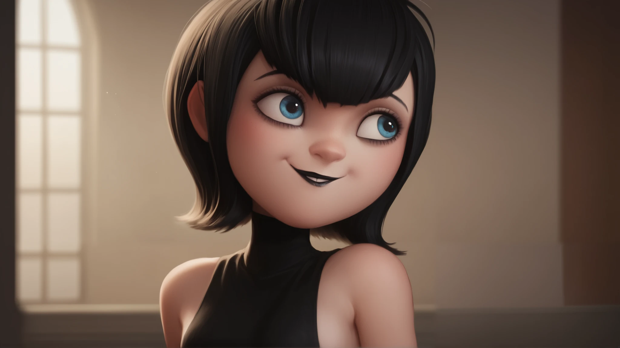 score_8_up, BREAK, MAVISDRACULA, 1girl, solo, black hair, short hair, blue eyes, lipstick, black dress, smile, depth of field    closed mouth, sleeveless, sideboob 