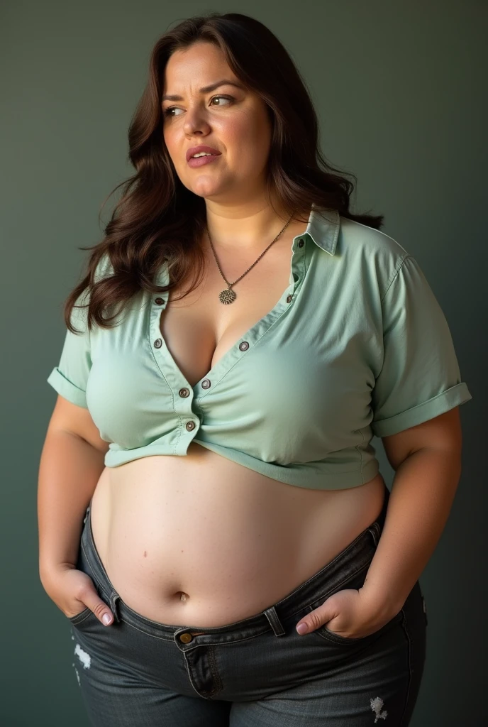 a close up of a person with a very large belly, photo from the front, full growth from the front, centered full body front-shot, photo taken from front, taken in the early 2020s, showing her shoulder from front, seen from the front, photo still of frontal view, half body cropping