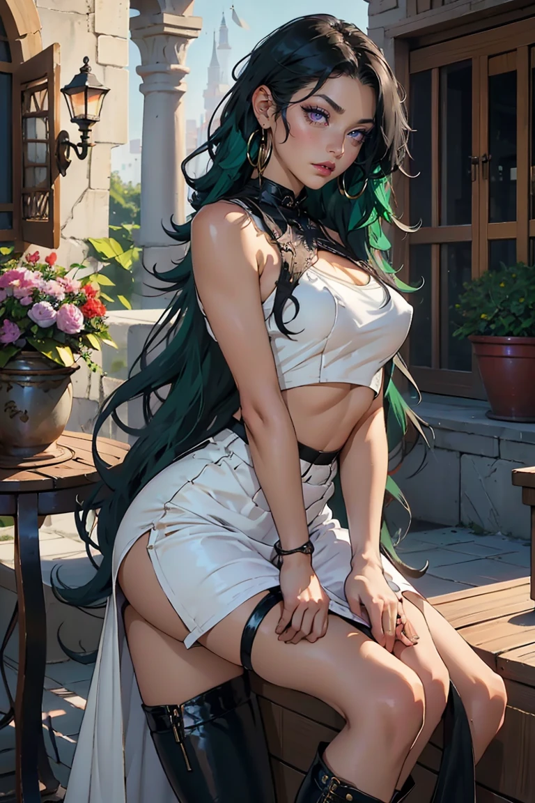 (no), underwear,1 girl, short dress, (see through),((gigantic bust)), bare shoulders, bare arms, ((thigh)), black leather strap, ((green hair, twin braids)), full body, high-heels, squatting, (Spread your legs), smile, (Cowboy Shot),(Masterpiece, High quality, best quality), (colorful),(Delicate eyes and face), Volumetric light, Ray tracing, Very detailed CG unity 8k wallpaper.,alone, ((Flying petals)), outdoor, (flower field), mountain, lagoon, grass, sunlight