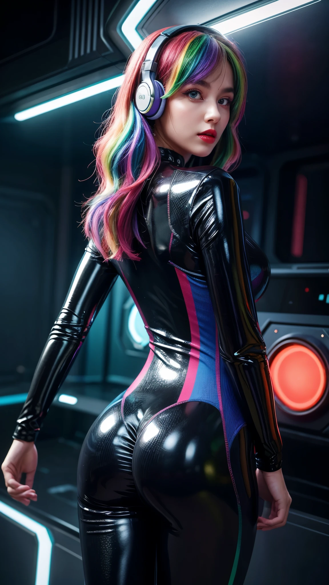 (Raw photo: 1.2), (photorealistic), Hasselblad H6D-100c photo, 8k cinematic, volumetric lighting, bokeh effect, light sparkling particles, in a abstract futuristic room, abstract futuristic furniture, bright colors, very detailed eyes and face, perfect eyes, detailed skin, huge file size, high resolution, very detailed, best quality, [masutepiece:1.6], illustration, very detailed, nffsw, fine detail, best quality, 32K wallpaper, 20 year old girl, perfect body shape, perfect skin, red lips, wavy rainbow colored hair, beautiful big eyes, dynamic pose, pokies, sexy one-piece tight latex body wear, VR and headphones on the head, standing, back view