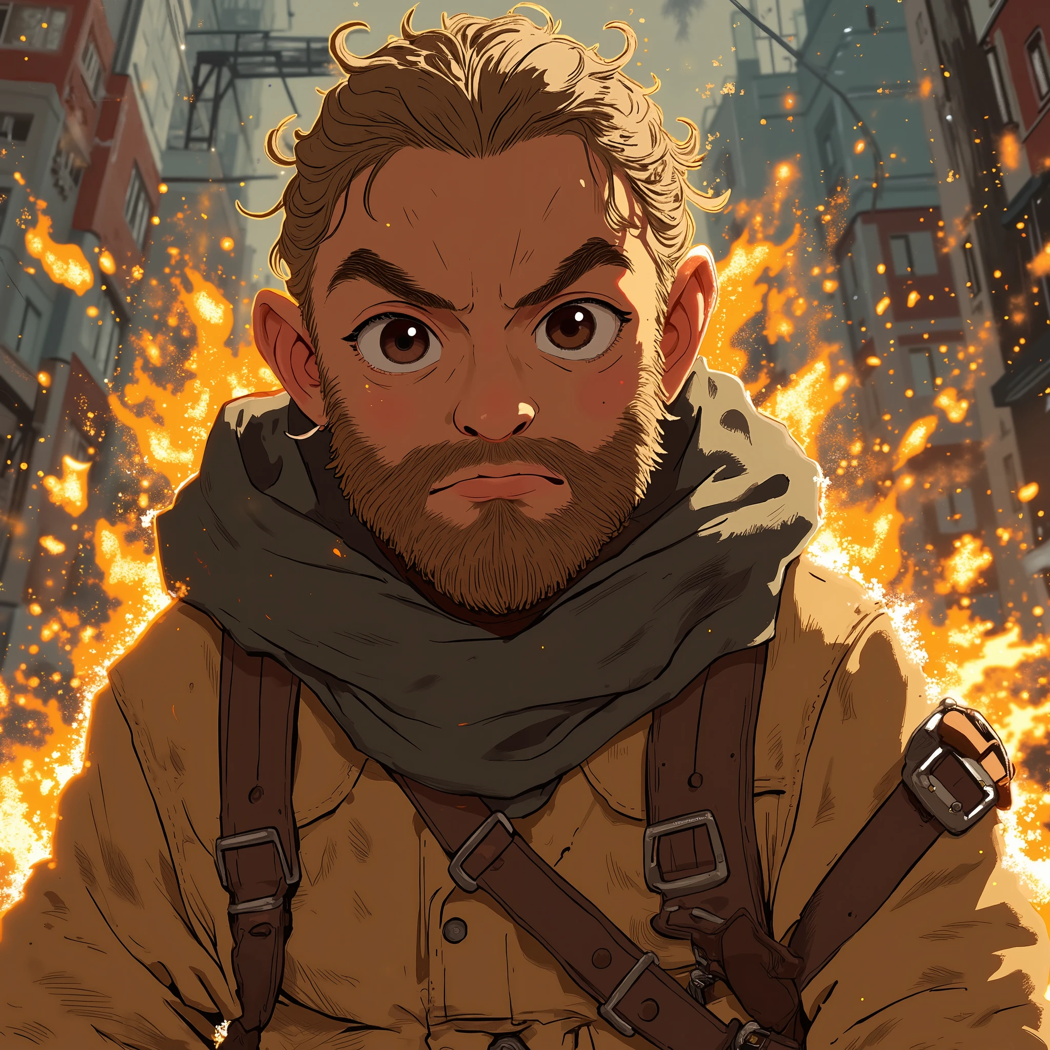1boy, an engineer, dwarf, very young face, braided beard, practical clothes, brown eyes, dynamic bacground, bronze aura, portrait, In Anime Art Style.