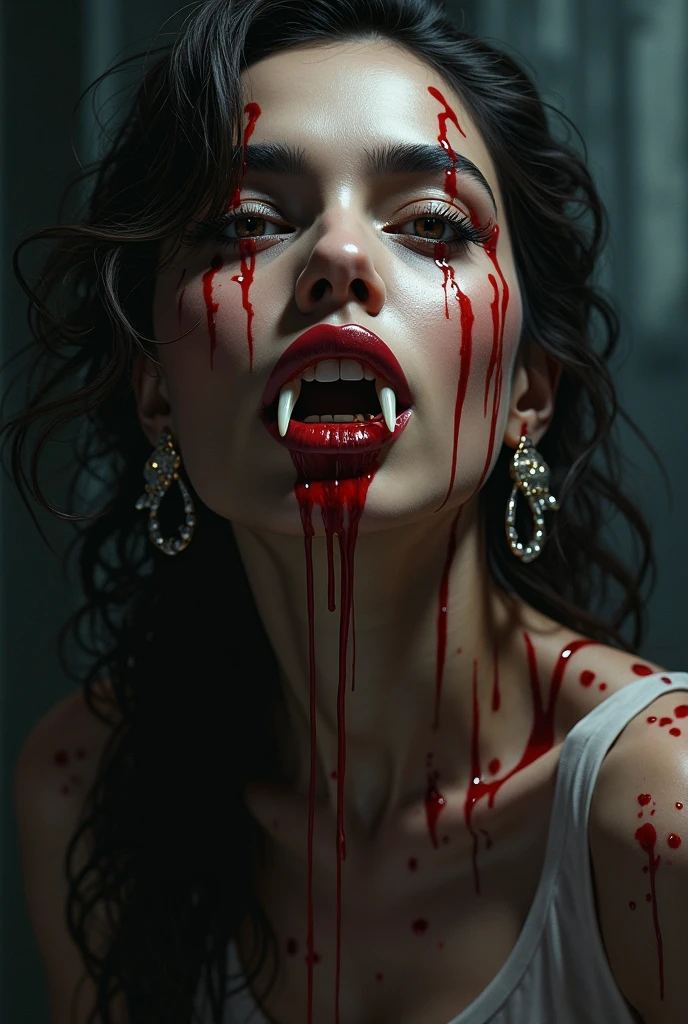 (masterpiece, top quality, best quality, official art, beautiful and aesthetic:1.2), (black and white:1.5), a pale Vampire girl with white skin, long hair flowing, black hair, ((open mouth, vampire teeth)), (((angry face))), ((blood dripping from mouth)), demon behind in all black, occult, oil painting:1.5, gloomy, holy, dark backgroound, black background, a dark shadow behind.