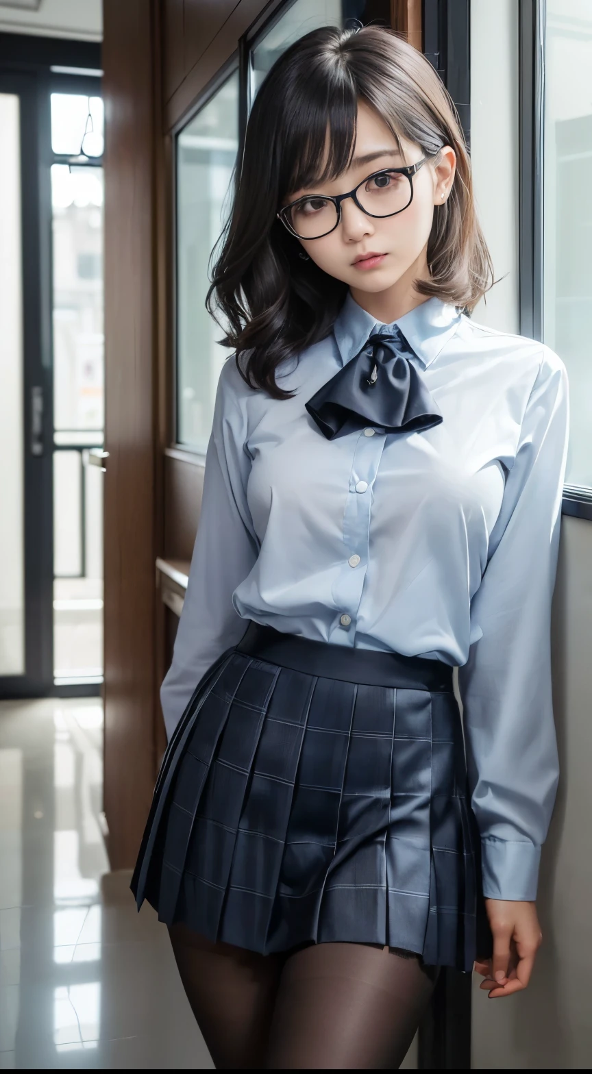 masterpiece, best quality, illustration, Super detailed, fine details, High resolution, 8K,wall paper, perfect dynamic composition,(Details High quality, realistic depiction of eyes:1.3), standing, (collared shirt:1.1), pleated skirt, short bob hair、black hair color, Big Natural Color Lip, bold sexy pose, crying a little、cold gaze, Harajuku style、acrobatic pose, 20 year old girl、cute type、lolita、beautiful legs, hotel room, gravure idol, Voluptuous thighs, huge breasts, Don't expose it