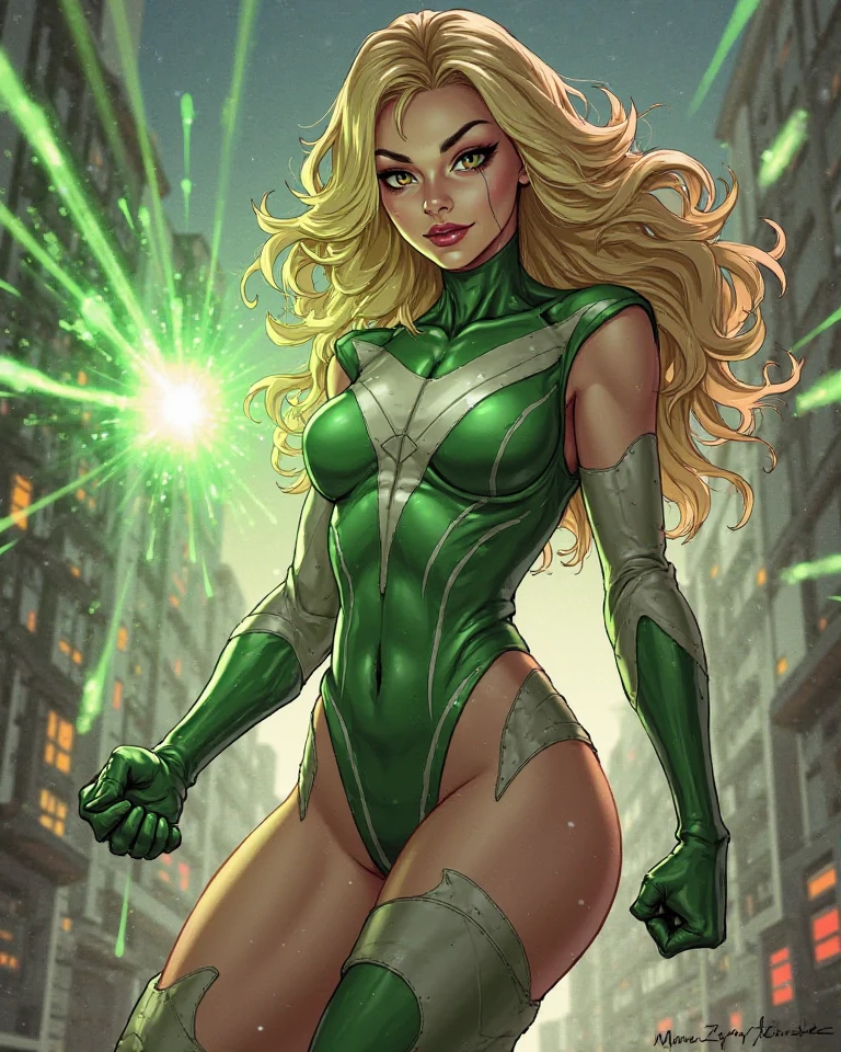 ((best quality)), ((masterpiece)), ((ultra realistic)), american blonde, beautiful detailed face, detailed eyes, sexy us military officer, dressed in a green and white leotard, neon edge lighting, highly detailed, professional, bare legs, full body, medium hair, bob hair, knee boots, long sleeves, standing, solo, green eyes, spinning into a cyclone, spinning, spins fast in place like a tornado, twirling in place, tornado spinning, rapid gyration, space backdrop, spinning energy pulse, motion blur, speed lines, tornado, time warp