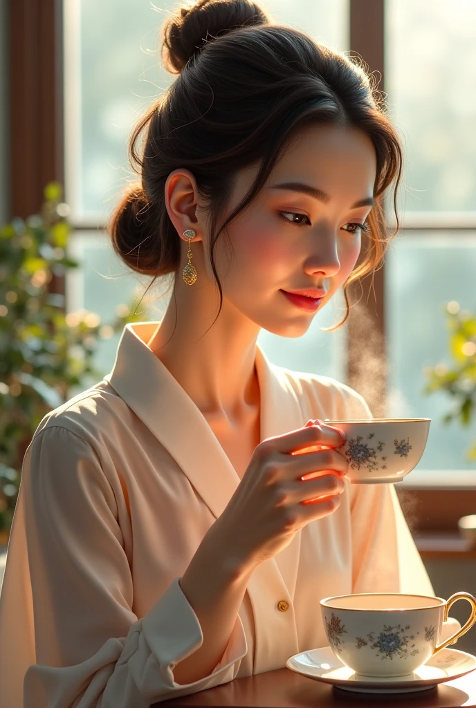 A elegant and refined Russian  Woman Holding Cup of tea serene expression,Super Fair Skin, styled in a sophisticated manner brown Hair, a gentle sparkle eyes, kimono-inspired outfit, Tea background, Beautiful Woman Extremely Beautiful woman, Medium Breast nikon d850 film stock photograph 4 kodak portra 400 camera f1.6 lens rich colors hyper realistic lifelike texture dramatic lighting unreal engine trending on artstation cinestill 800,8k,cinematic,cinematic shot, Medium shot