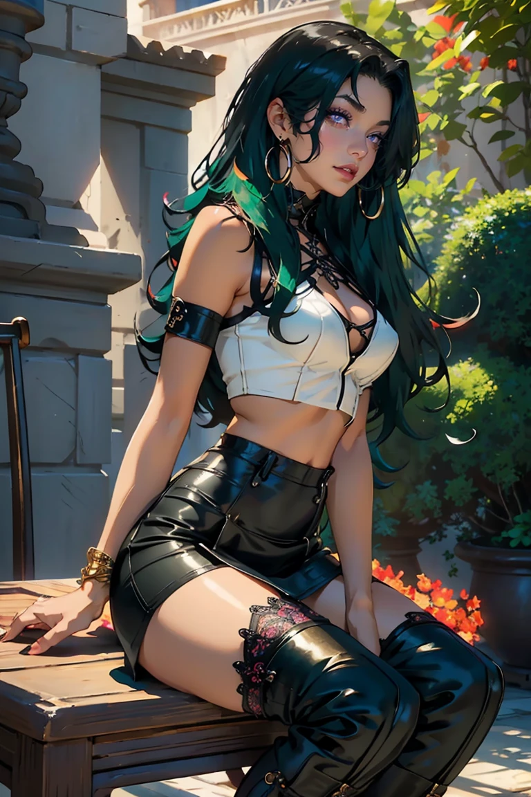 BLACKLIGHT, ((NSFW)), realistic art, extremely delicate and beautiful, ultra-detailed, (1girl), blue eyes, floating, detailed light, illustration, dynamic angle, depth of field, ((((milf)))), girly, long hair, ((green and black hair, multicoloured hair, green highlights hair, twin tails, hair ornament, hair flower, flower, makeup, braid, smile)), vampire eyes, showing fangs, pale white skin, (((blue jeans, Black leather jacket, Black latex bra, goth boots, long hair, navel, choker, smile, jewelry, earrings))), (ultra high res, best quality,), (8k, raw photo, best quality, masterpiece), technological sense, best quality, masterpiece, illustration,CG ,unity ,wallpaper, official art, Amazing, finely detail, an extremely delicate and beautiful,extremely detailed, highly detailed, sharp focus,rich background, (real person,photograph), ((high detailed skin)),