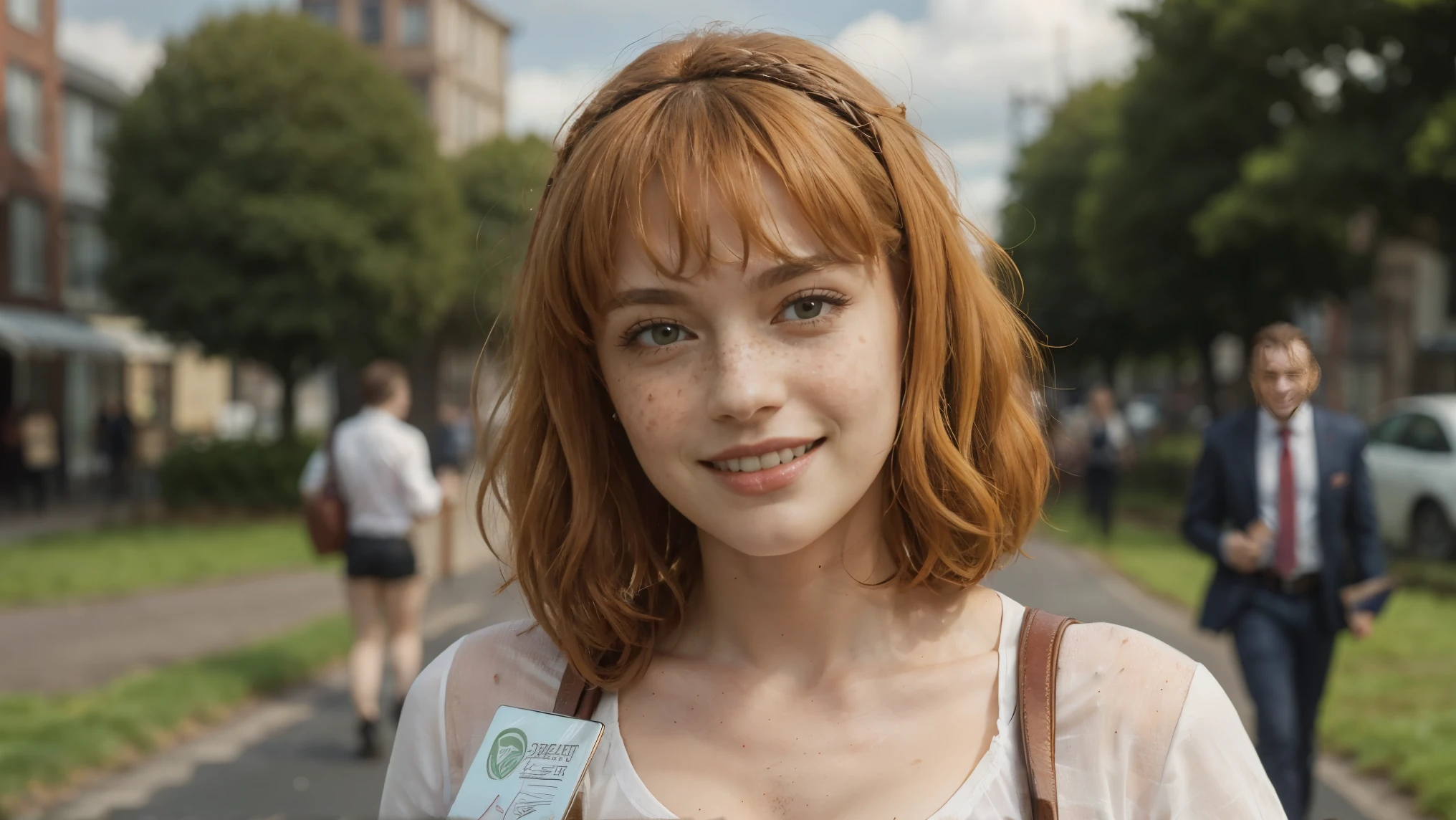 (masterpiece), best quality, expressive eyes, perfect face, multilevel marketing, midriff, Areolae, long ginger hair, Hairclipa, limbus salesmen woman, perfect anatomy, (((holding an sales briefcase))), (((closeup face))), tall woman with a muscular physique and long, orange ginger hair, hair with bangs, freckles, forehead, topless, green eyes, irish woman, tight shirts, bulk, chubby, fatty, foot, bra, sweaty, sweat look, full Body, working, small breasts, angvall, laying down, longhouse background, leather shoes, tall, Ireland woman, belt, ((white shirt)), smiling warmly, walking, agressive look, promoting as job, trouser leggings, city environmental, ((skyclad)), Ireland background, ((chest freckles)), Dublin, (((salesmen employee))), Weasleys, ((Hermione)), (((promoting her products in front of peoples)))