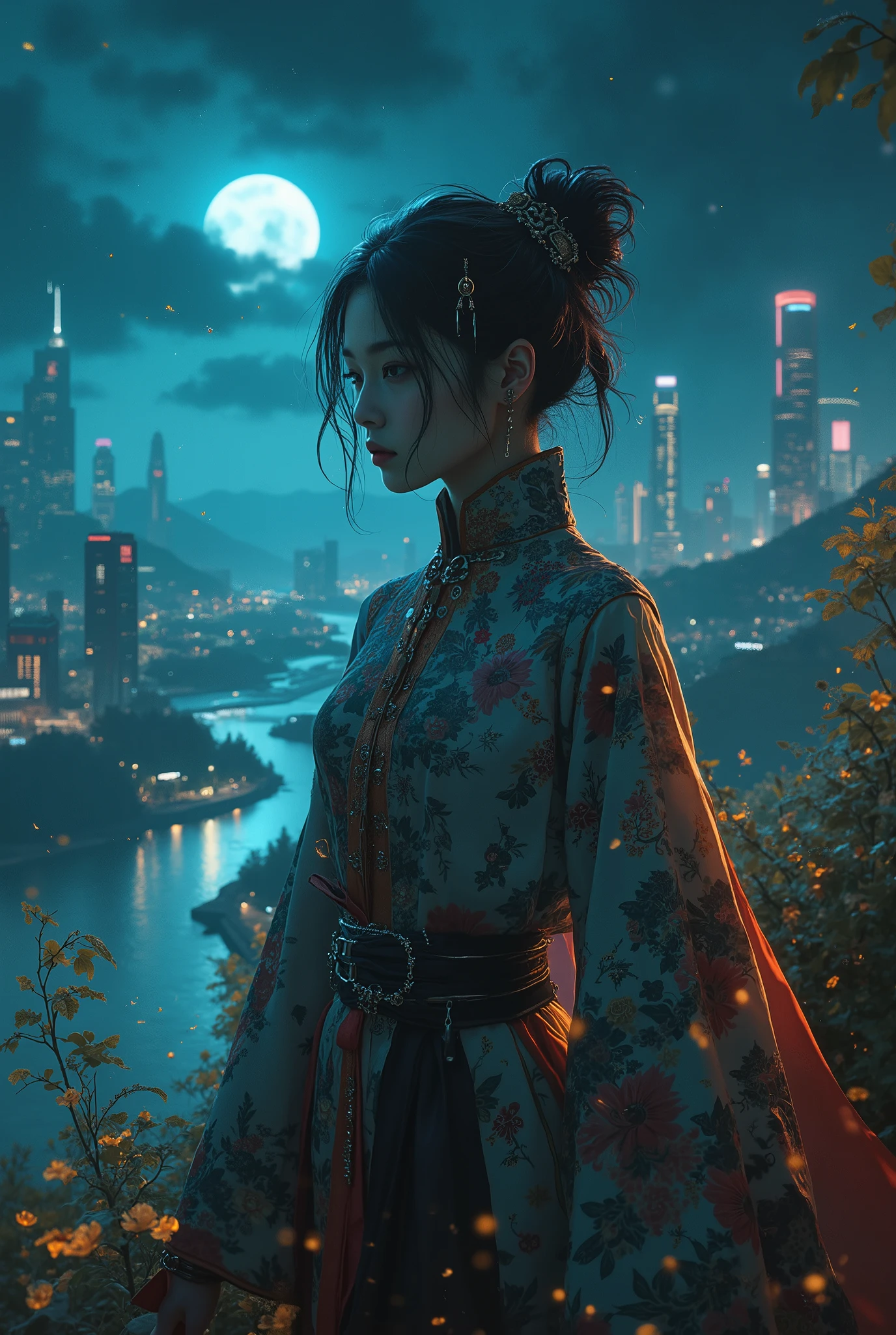top quality, masterpiece, high res,1 girl, detailed face, high nose, iridescent eyes, (upper body:1.6), cyber city, Mountains and Rivers, night, Firefly Light, by Nomi, rich in detail, (Ao Dai:1.2), (beautiful body:1.4),