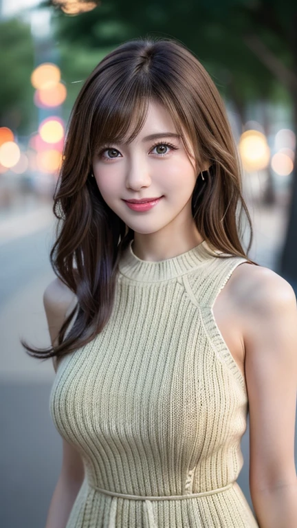 masterpiece, best quality, ultra-detailed, intricately detailed hyperdetailed, realistic, sharp features, highly detailed, sharp focus, Realistic, Photorealistic:1.3, (17 years old:1.3), perfect face, perfect symmetrically eyes, perfect full lips, hyper detailed, hyper realistic, high resolution, Fashion Model, Japanese Idol, Slender, brown hair, Stylish, model poses, Beautiful Face, light brown hair, messy hair, asymmetrical bangs, (grin:1.2), (looking at viewer), cinematic lighting, grey background, (Black knit:1.2), portrait