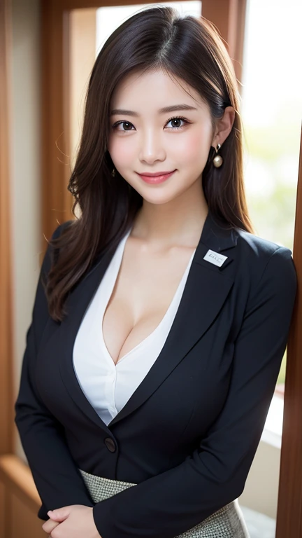 masterpiece,best quality, (1 milf), ((close up:1)), ((cross arms)), glare, gray blazer, white shirt, Clothes with big Cleavage View, double eyelid, eyelash, lip gloss, (smile:1), ((close eyes:0.85)), ((open mouth:1, point to own chest:1)), ((Looking at Viewer)), RAW, (from above:0.2), ((nobody)), office,