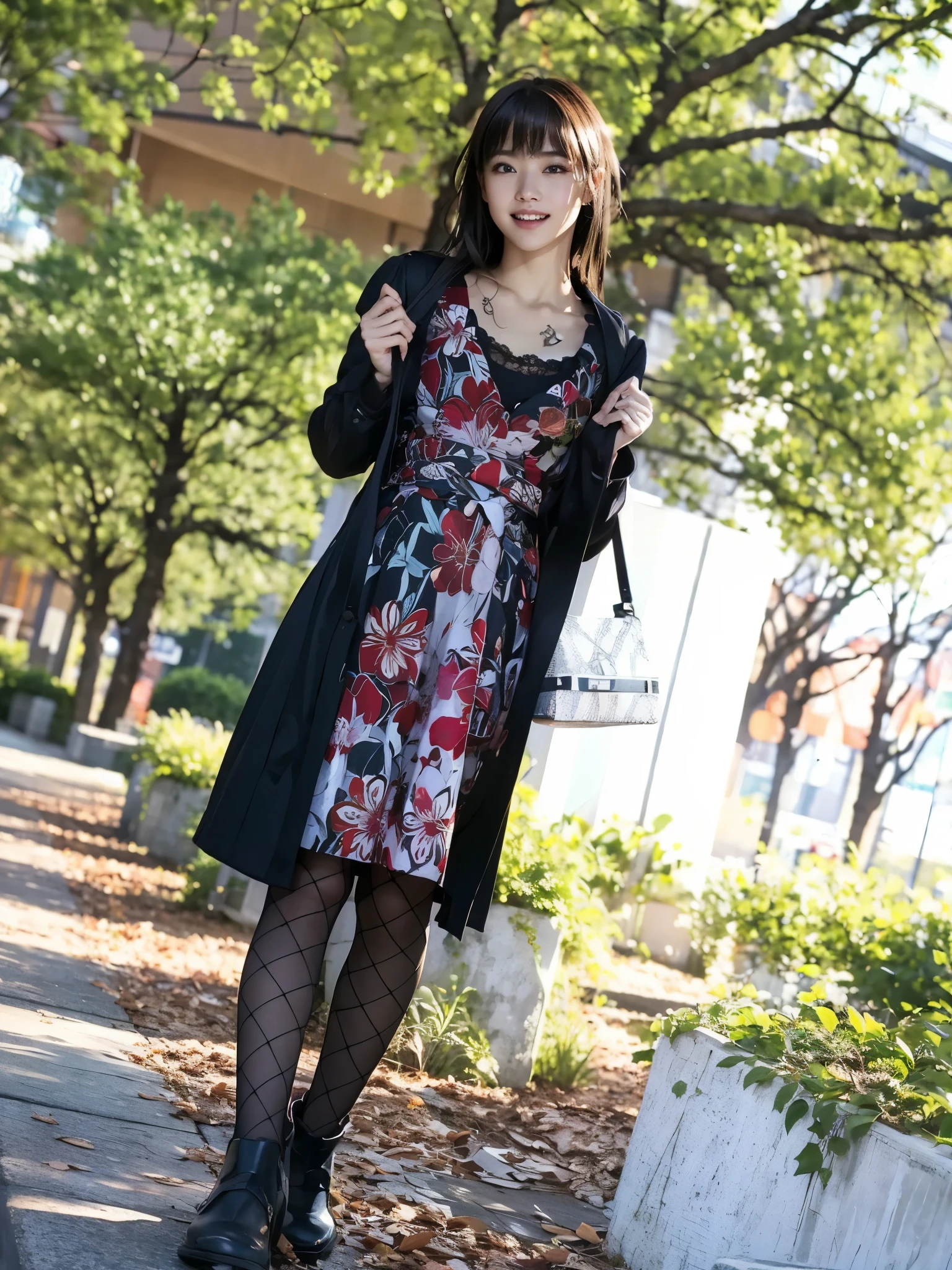 Perfect fingers.top of the highest quality ,realisitic、hight resolution.Woman standing in front of a park fountain waiting for me..She has her hands behind her back and is holding a handbag.A woman wearing a Light-coloured knitwear and skirt.She is looking up and smiling bewitchingly. J-cup tits, looks like Hitomi Kuroki.Natural wrinkles. Wrinkles at the corners of the eyes. fleshy feeling. highest quality.Mature, 45 years old.bewitching smile.woman of good style.Temptation.Looking Camera.Black hair,