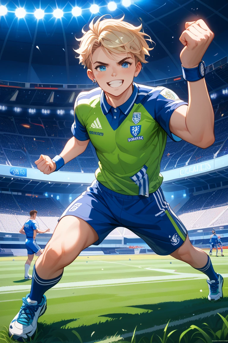 score_9, score_8_up, score_7_up, 1boy, solo, handsome man, sfw, kemonomimi, bear ears, adult man, hair between eyes, short hair, brown hair, blue eyes, freckles, olympic games, stadium, running, sweat, green shirt, short sleeves, red shorts, brave stare, smile, closed_mouth, running track, daytime, full_body, sneakers