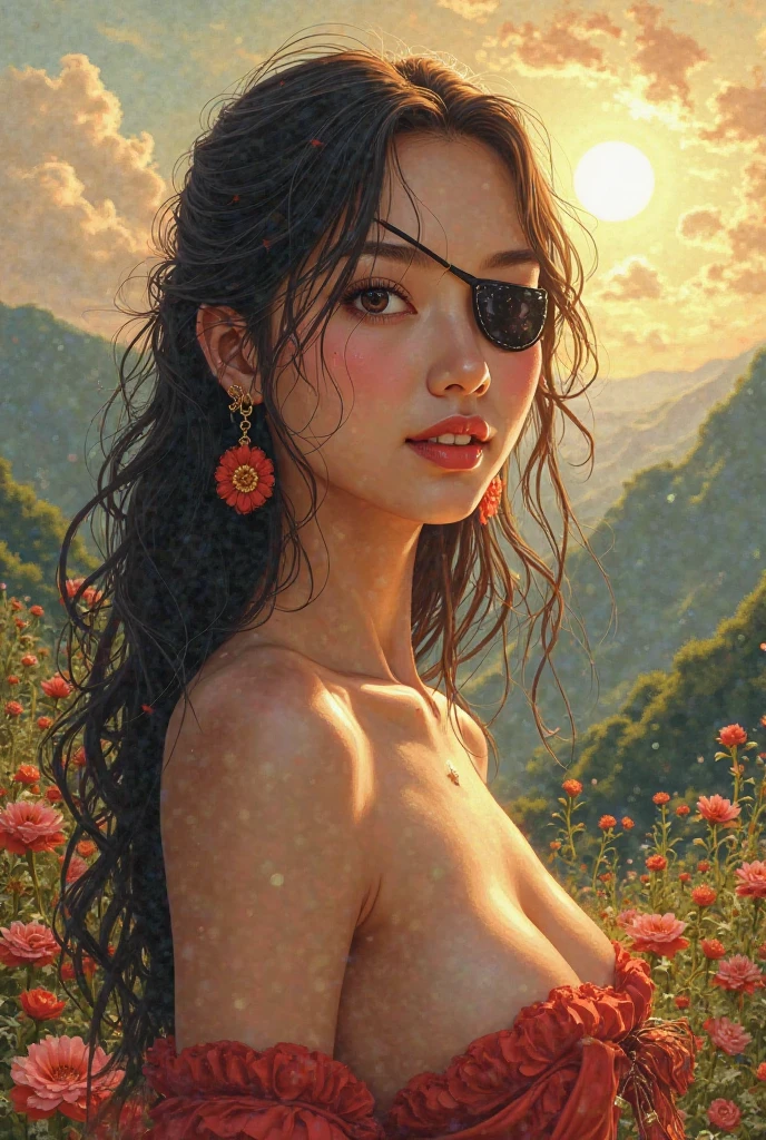 1 Girl, Dynamic Angle, Clouds and Mountains, (Flower Field: 1.4) In Foreground, Light Tracing, (Floating Colorful Wind: 1), (Reality: 1.4), Official Art, Unity 8k wallpaper, ultra detail, beautiful beauty, masterpiece, best quality, glowing skin, cinematic lighting, light smile, eye level, wide angle, panorama, first-person perspective, bust map, Verism, En plein air, surreal, white less cloth transparent suspender bikini, huge with breasts, buttocks plump.