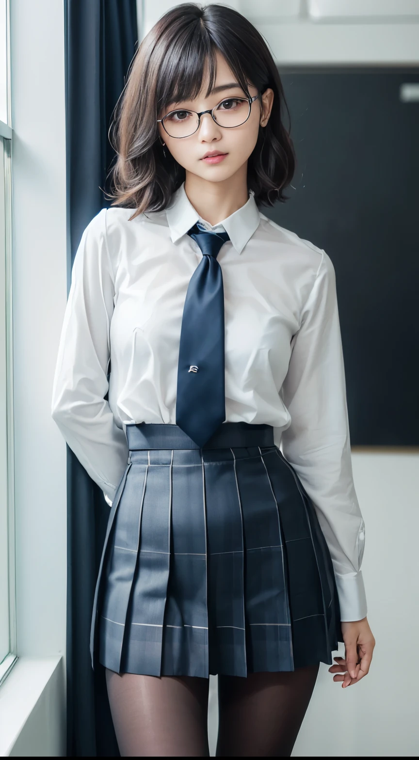 masterpiece, highest quality, masterpiece, highest quality, Official Art ,Highly detailed CG Unity 8k wallpaper,  (short hair、huge 、Japanese 、Collared shirt、tie、Mature、Short pleated skirt),  (muscle:1.2), Vaginal, One Girl，smile，Random sexy poses，