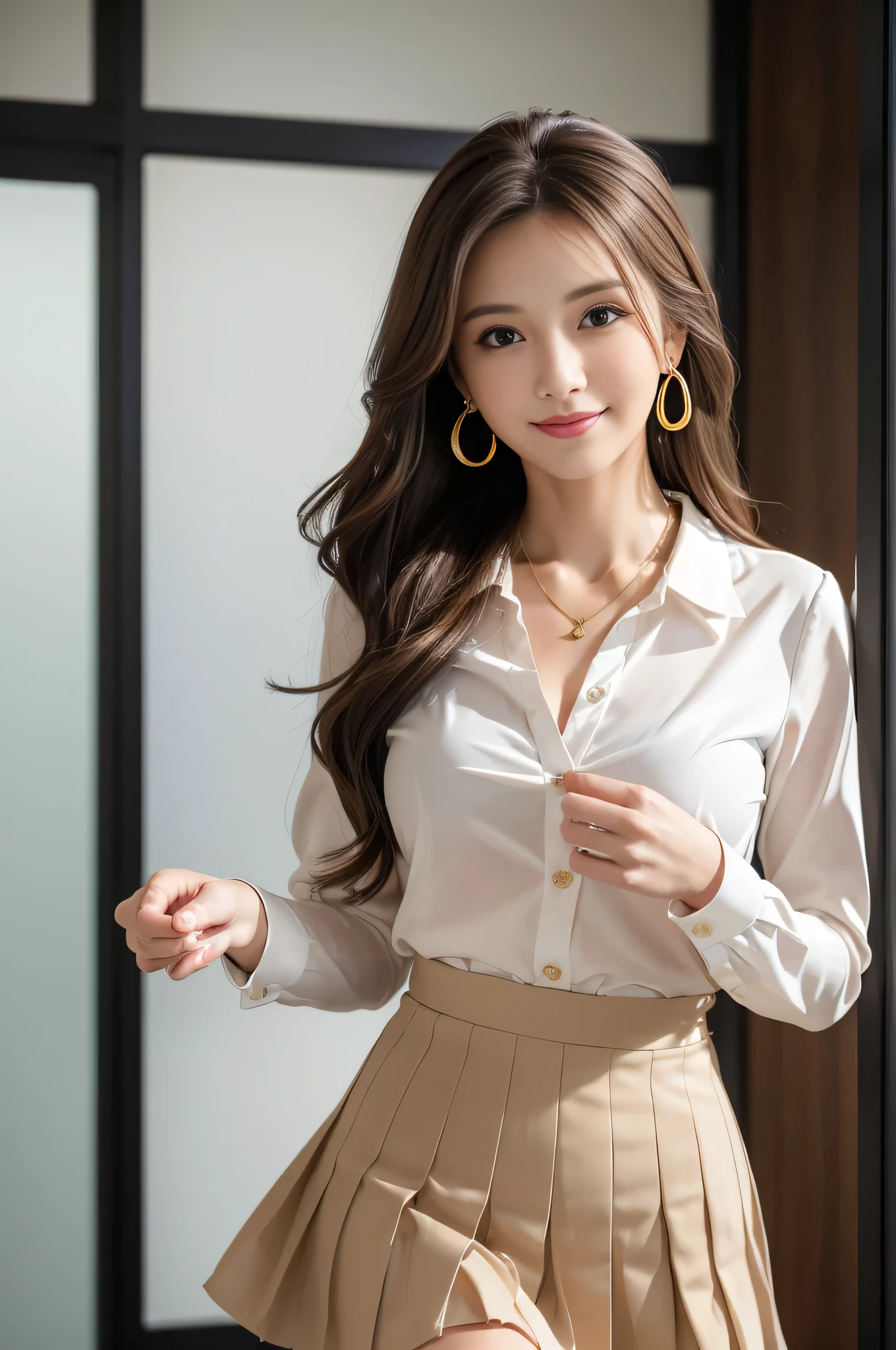 The best quality at its best, Realistically, Super detailed, More about pubic hair, High resolution, 8k wallpaper, One beautiful woman, Pink wet lips, Light brown messy long hair, white long sleeve button up blouse_brown pleated mini skirt、Perfect dynamic composition, Beautiful Eyes, Delicate hair, Detailed Realistically skin texture, smile, Close-up portrait, Model Body Type, Hotel reception background, Blurred Background, (Full Body Shot), Shooting from a distance, (Random Body Orientation),