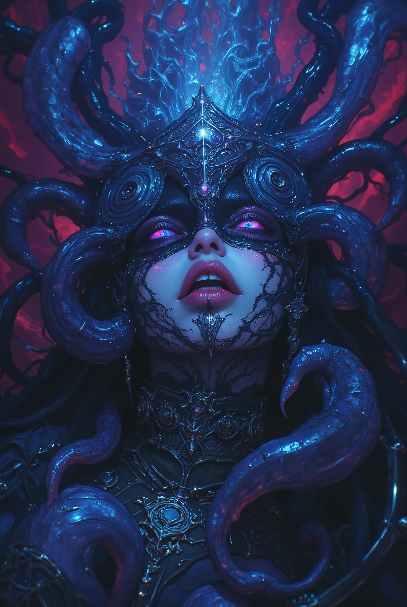 iridescent eyes, scary and sexy detailed art in color, Portrait, (beautiful and obscene female alien:1.4), (vulgarity1.7), (Translucent white skin:1.4), (There is a female genital-like organ in the middle of the forehead:2.3), (The most beautiful face in the history of the universe:1.2), an evil gaze that seduces, (sharp teeth like a vampire:1.0), Full body portrait, (bio luminescent:1.2),(Lots of translucent tentacles:1.3) , Vivrant Colored, Neon Colored, in the deep sea
