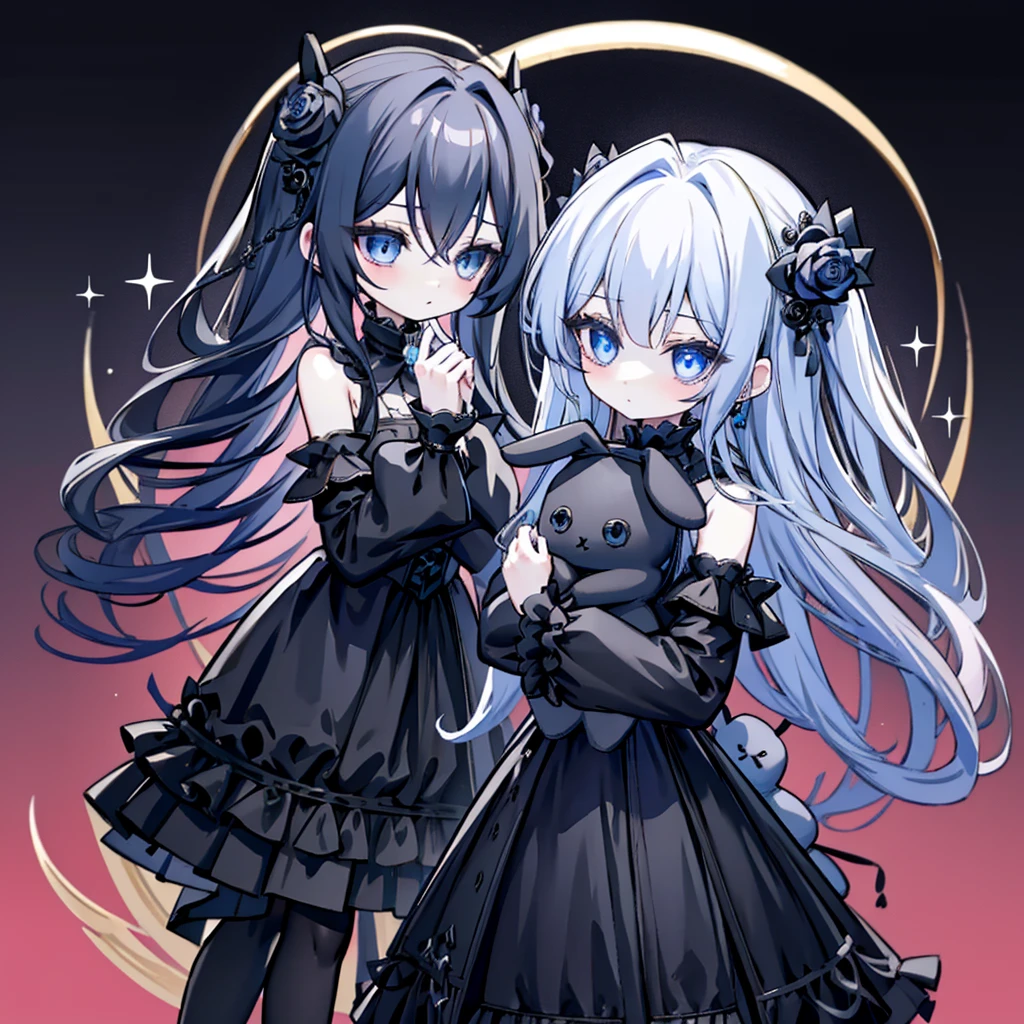 Women, hair in two black pigtails, half white half black mask, black and white dress, white gloves